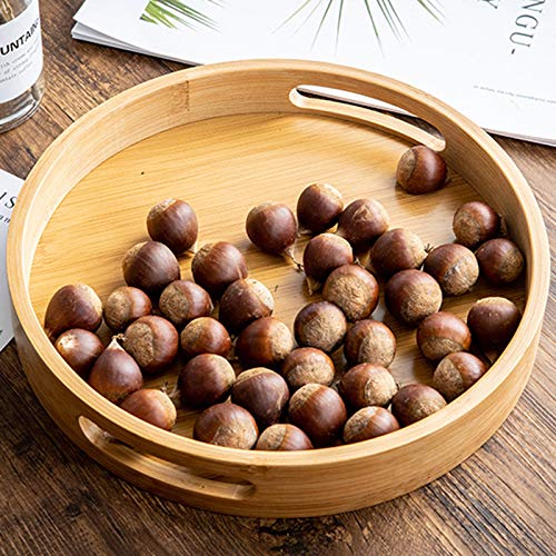 13.8 inch Bamboo Round Serving Tray, Wood Tray with Handles, Natural Wooden Tray for Ottoman, Kitchen/Coffee Table