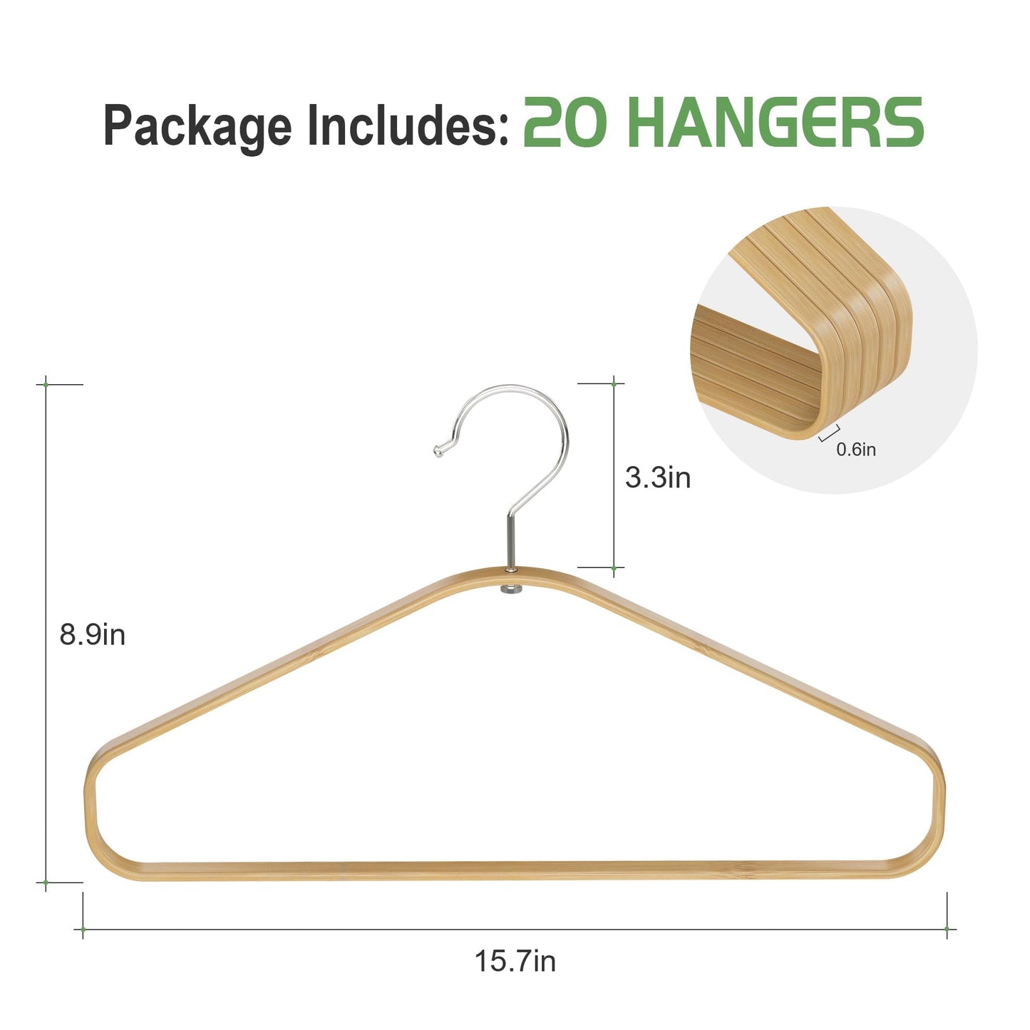 Bamboo Hangers 20 Pack - Durable & Slim Coat Hanger - Suit Hangers with 360-Degree Rotatable Hook