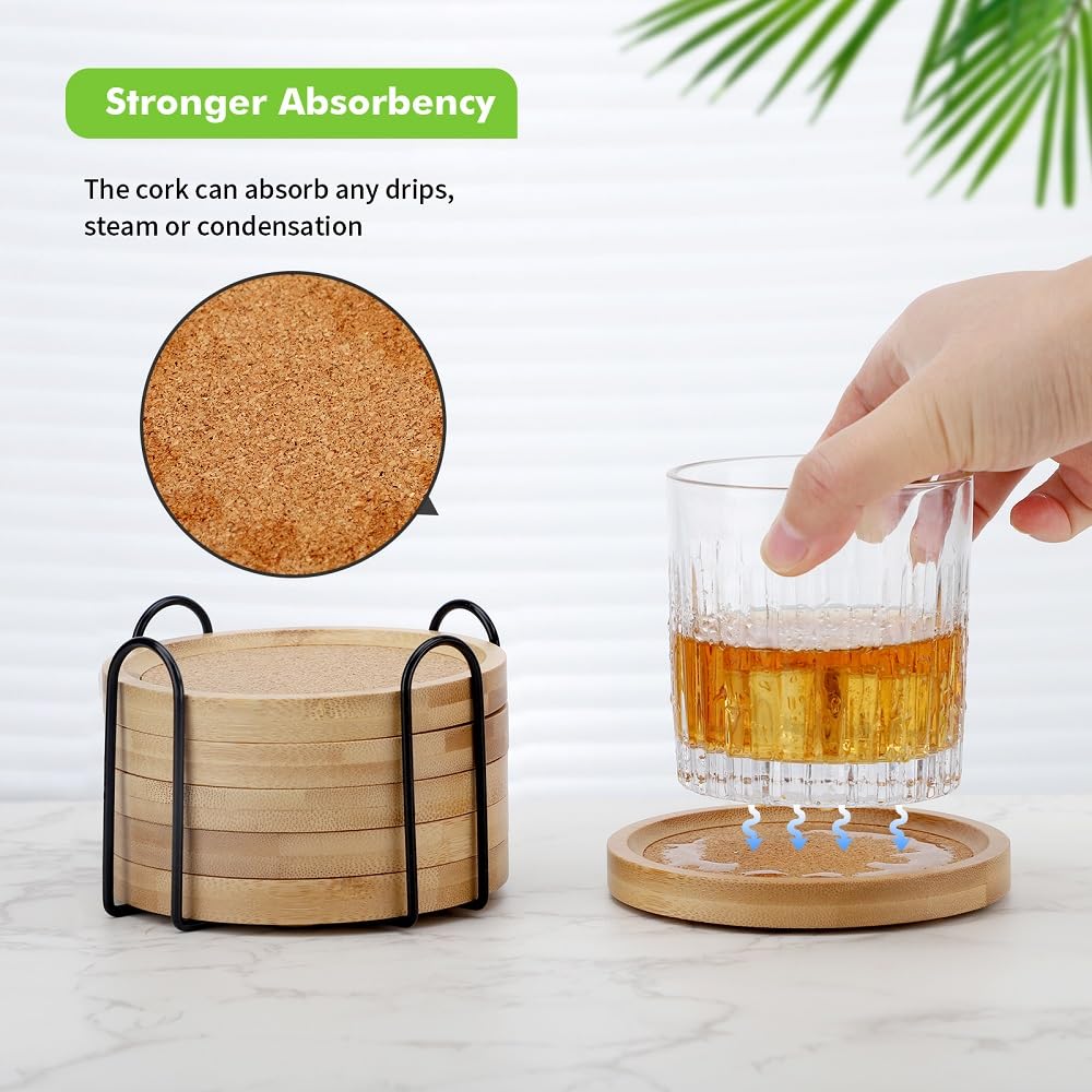 Bamboo Cork Coasters for Drinks Absorbent with Holder Set of 6