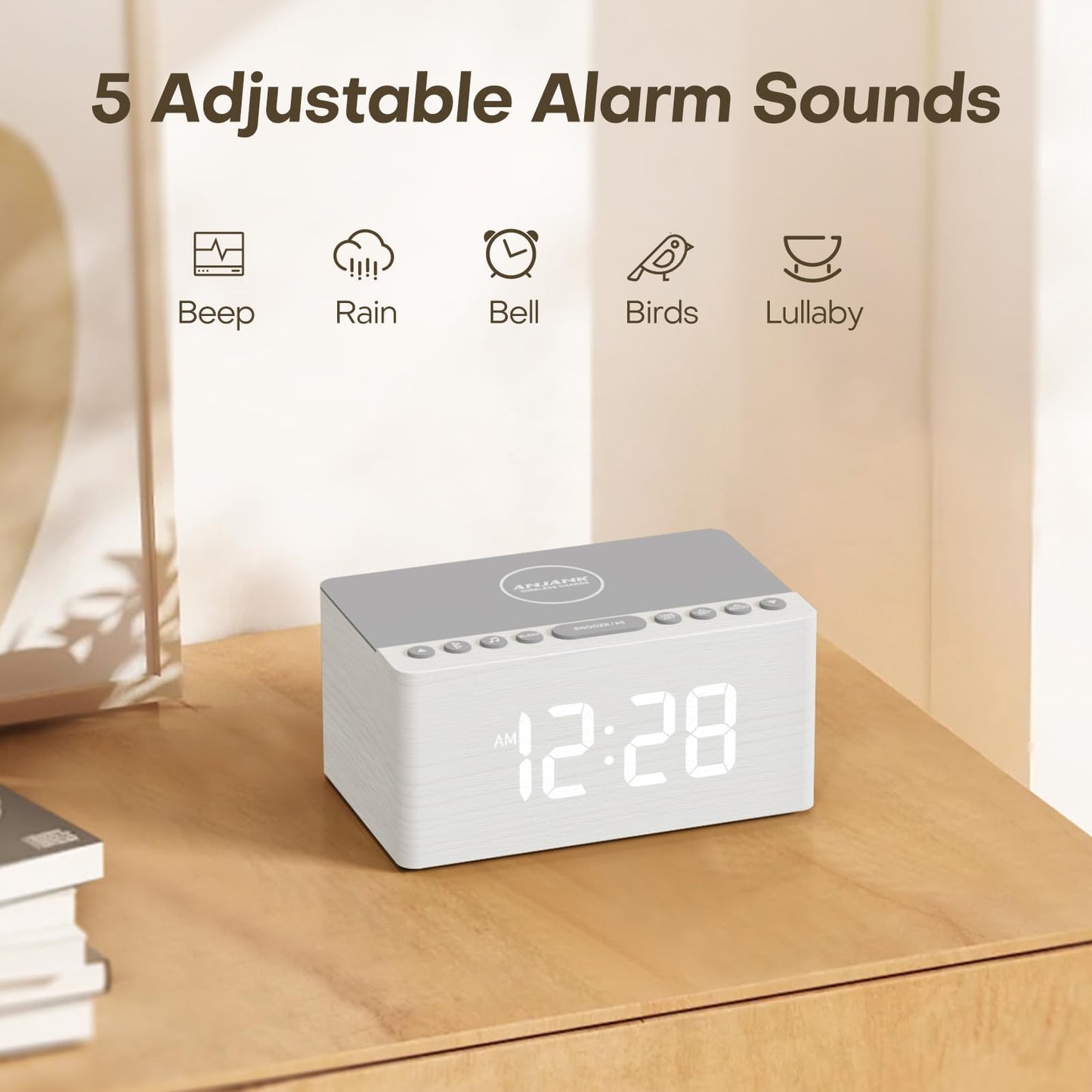 ANJANK Wooden White Noise Sound Machine with Alarm Clock, Bluetooth Speaker, Wireless Charger Station for iPhone/Samsung