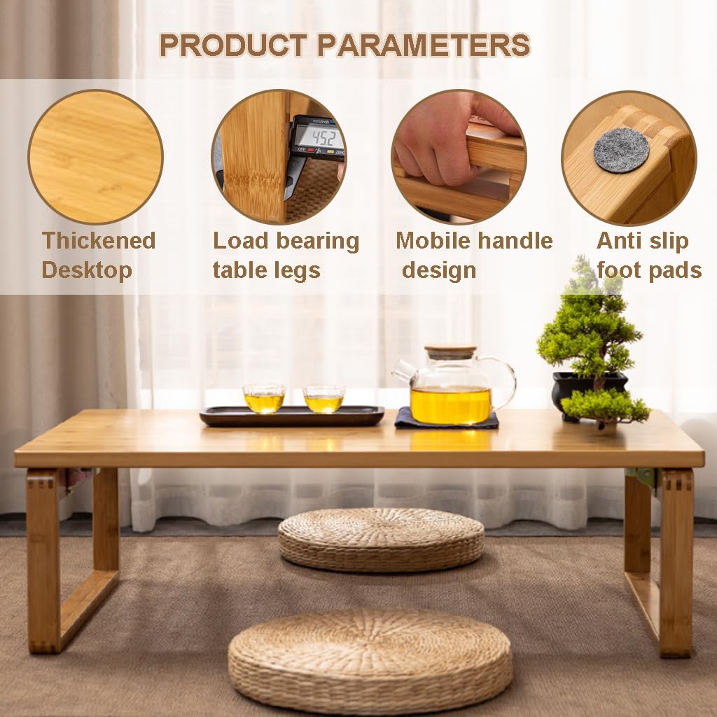 Portable Rectangle Foldable Coffee Table Japanese Tea Table, Bamboo Low Table for Sitting on The Floor, Dining Table, Tatami Table for Living Room Bedroom Meditation (Size:27.6*19.7*12.2in)