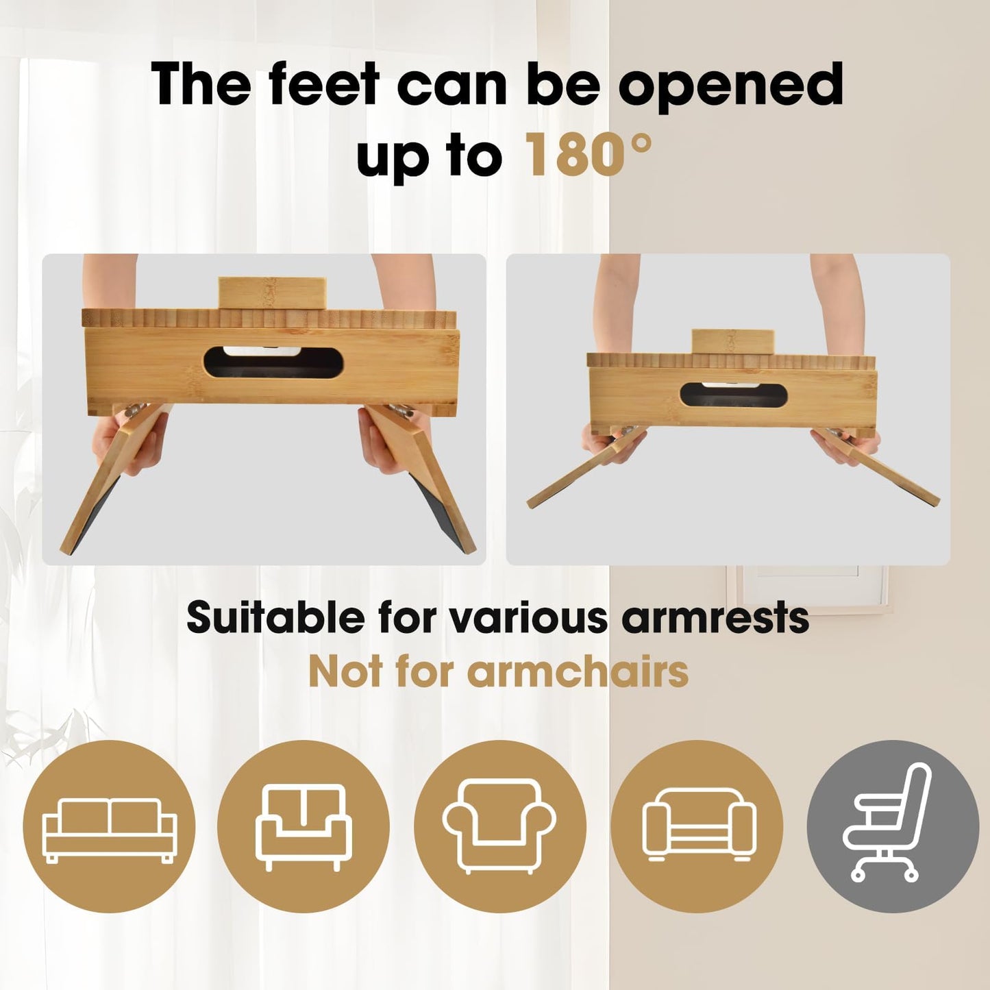 Bamboo Couch Arm Tray, Double Layer Sofa Armrest Tray Clip On Side Table with 360° Rotatable Phone Holder, Large Capacity Armrest Tray for Eating, Drinks, Snacks, Remote Control