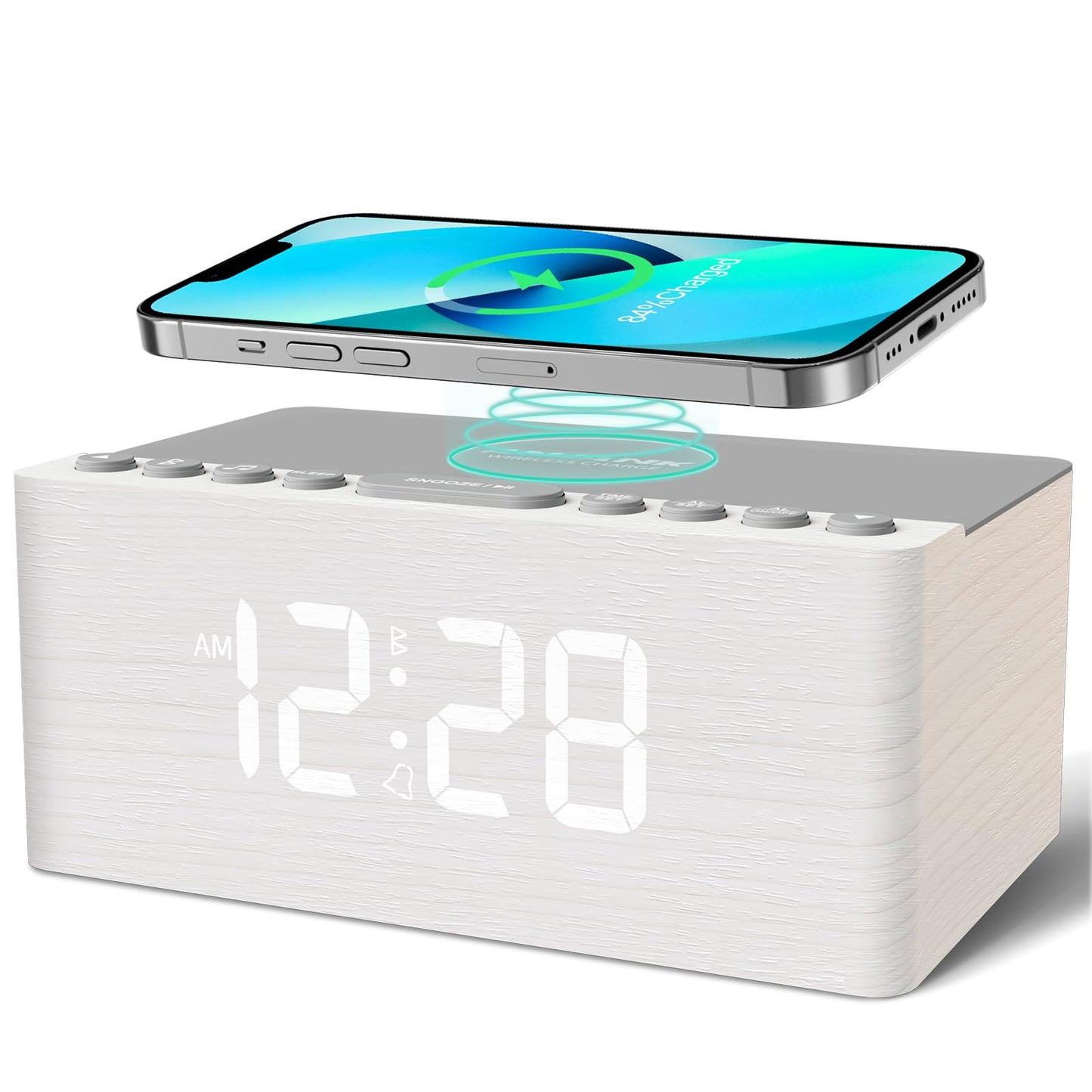 ANJANK Wooden White Noise Sound Machine with Alarm Clock, Bluetooth Speaker, Wireless Charger Station for iPhone/Samsung