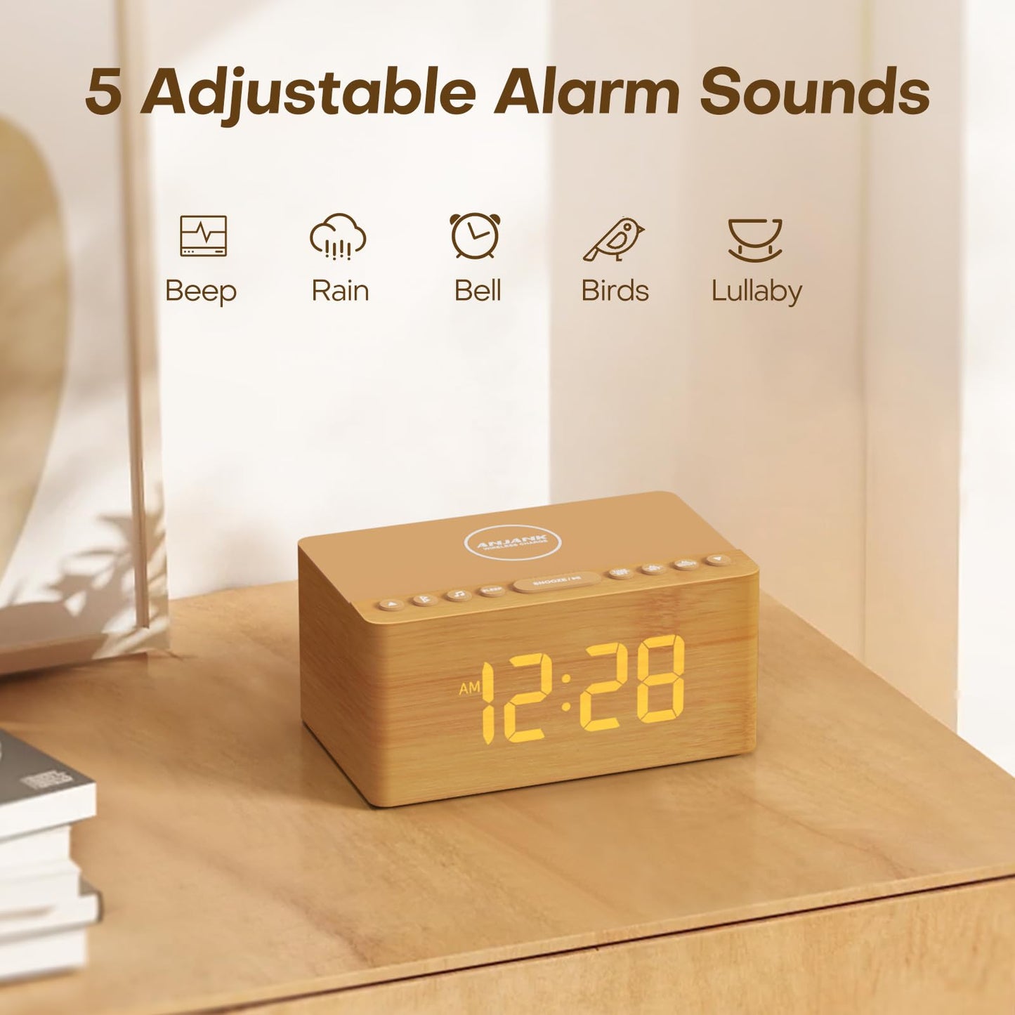 ANJANK Wooden White Noise Sound Machine with Alarm Clock, Bluetooth Speaker, Wireless Charger Station for iPhone/Samsung