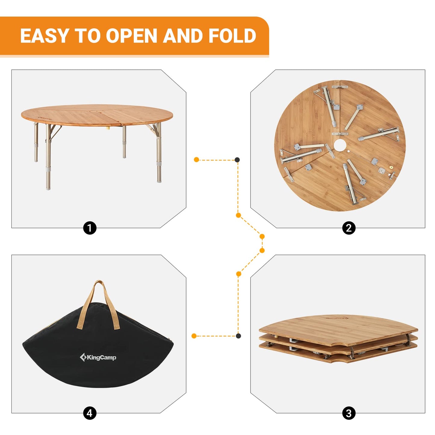 KingCamp Bamboo Round Folding Table Camping Table for Teepee Bell Tent 3 Fold Portable Camp Table