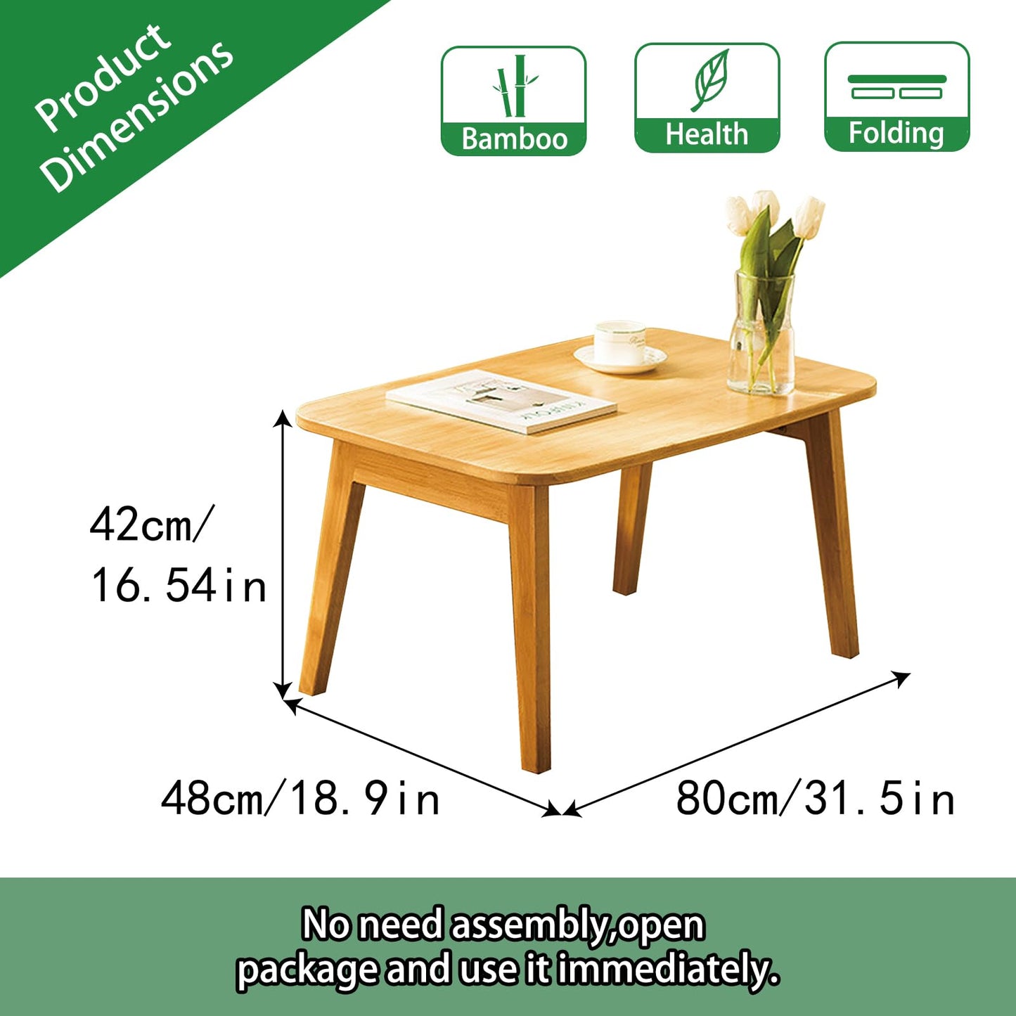 Coffee Table Foldable Bamboo Mid Century Desk TV Stand with Open Storage Shelf Center Table for Living Room Furniture RV No Assembly