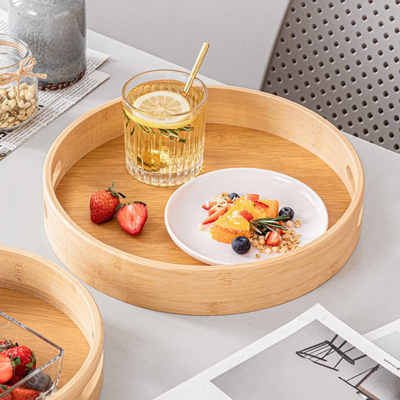 13.8 inch Bamboo Round Serving Tray, Wood Tray with Handles, Natural Wooden Tray for Ottoman, Kitchen/Coffee Table