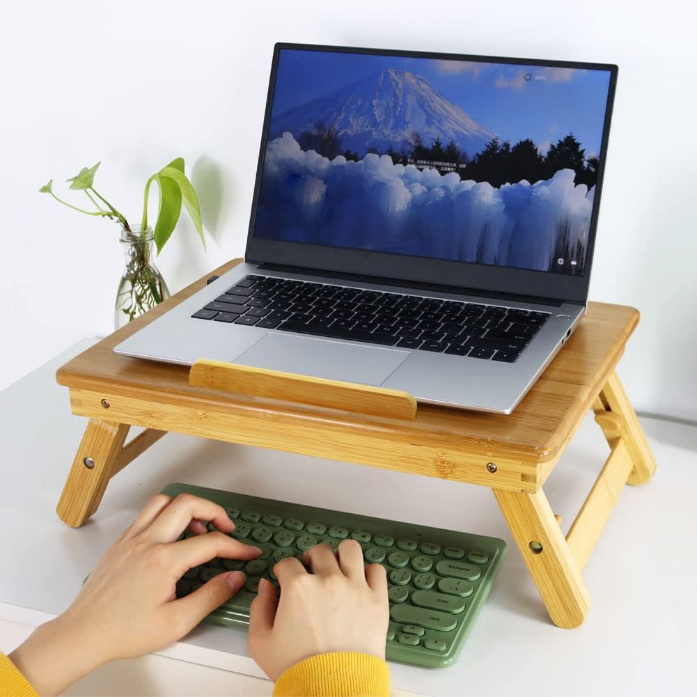 Bamboo Laptop Desk with Folding Legs Tilting Surface Workstation Table Adjustable Laptop Stand Bed Tray for tv Sofa Study Computer Ipad Book (Natural)