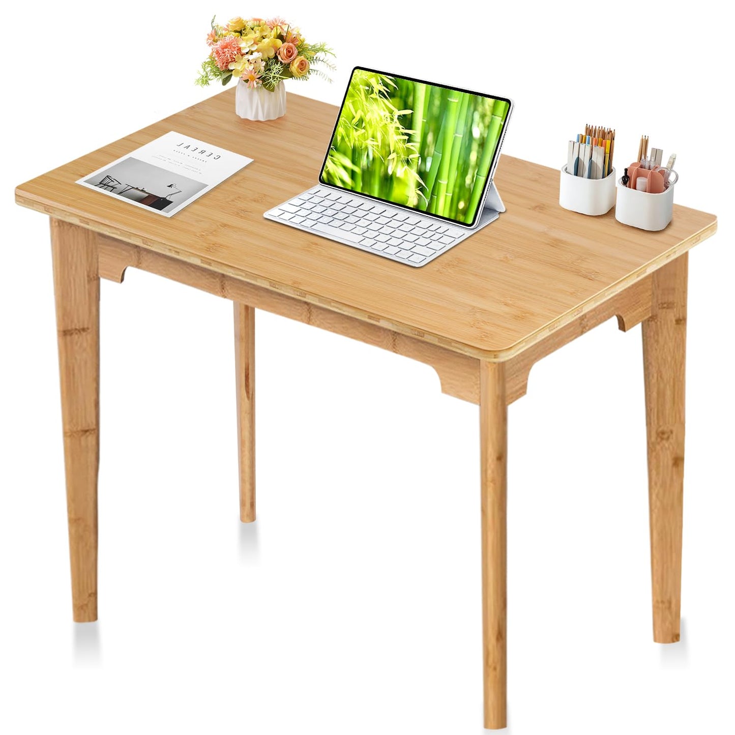 DOUSY- Small Bamboo Computer Desk Study Desk Home Office Desk Writing Table, Modern Study 27.5" Solid Multipurpose Table, for Living Room, Bedroom, Make Up, Natual Color