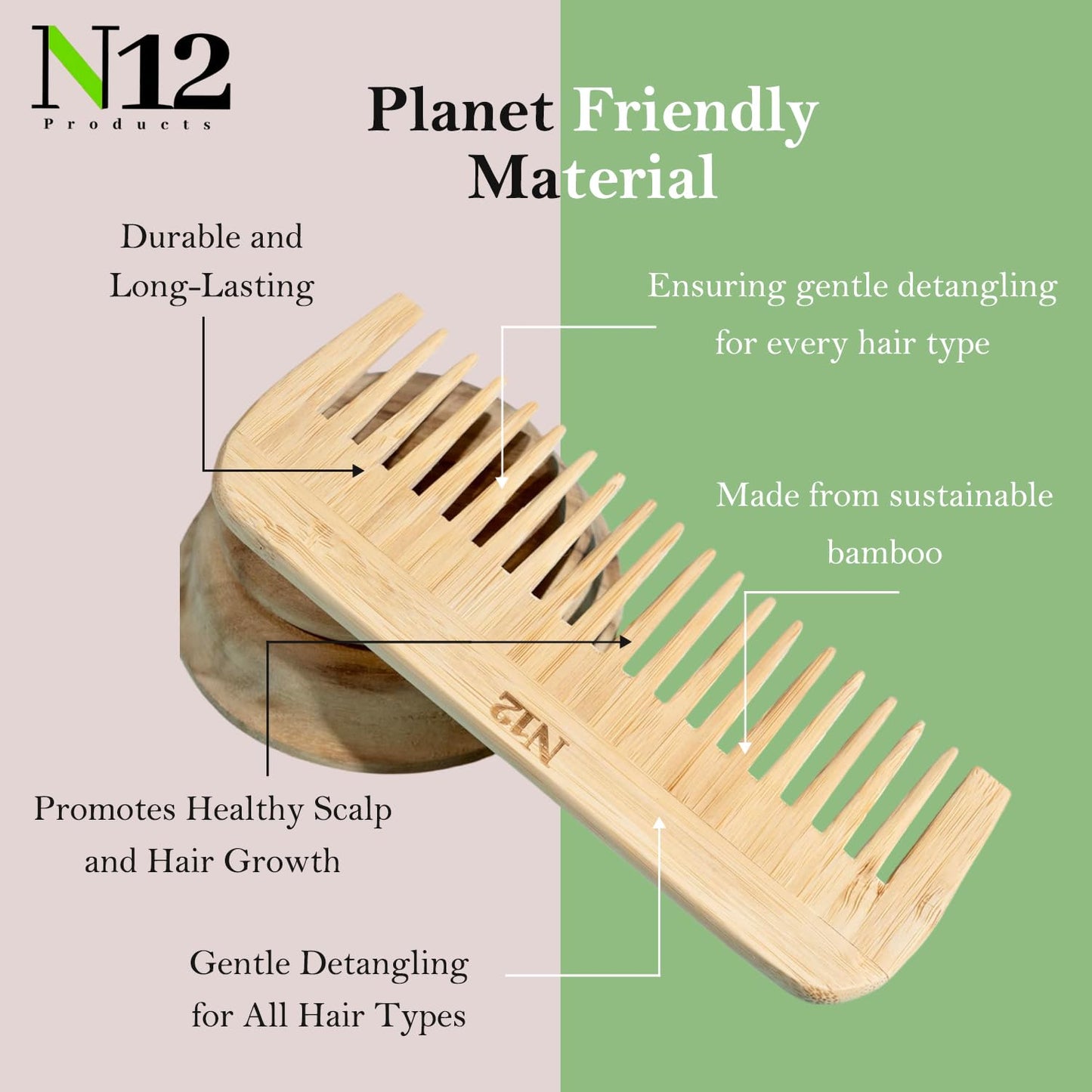 N12 products set of 2 bamboo comb handmade Eco-friendly Bamboo wood Wide tooth comb anti-static anti-frizz hair