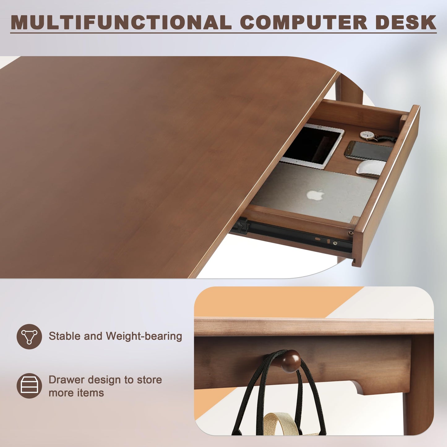 DOUSY- Small Bamboo Computer Desk Study Desk Home Office Desk Writing Table, Modern Study 27.5" Solid Multipurpose Table, for Living Room, Bedroom, Make Up, Natual Color