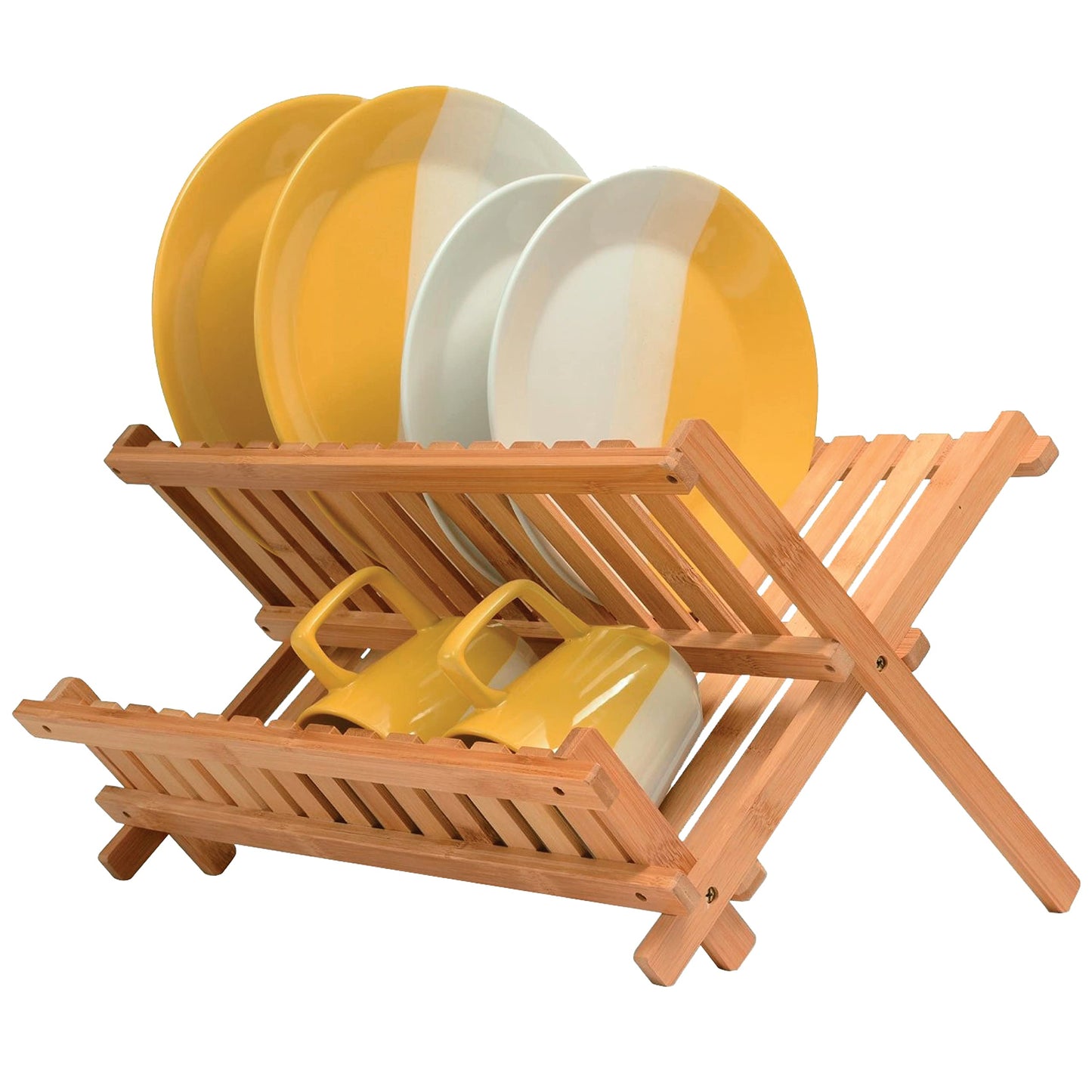 Bambüsi Bamboo Dish Drying Rack - Collapsible 2-Tier Dish Drainer Kitchen Plate Rack for Kitchen Countertop