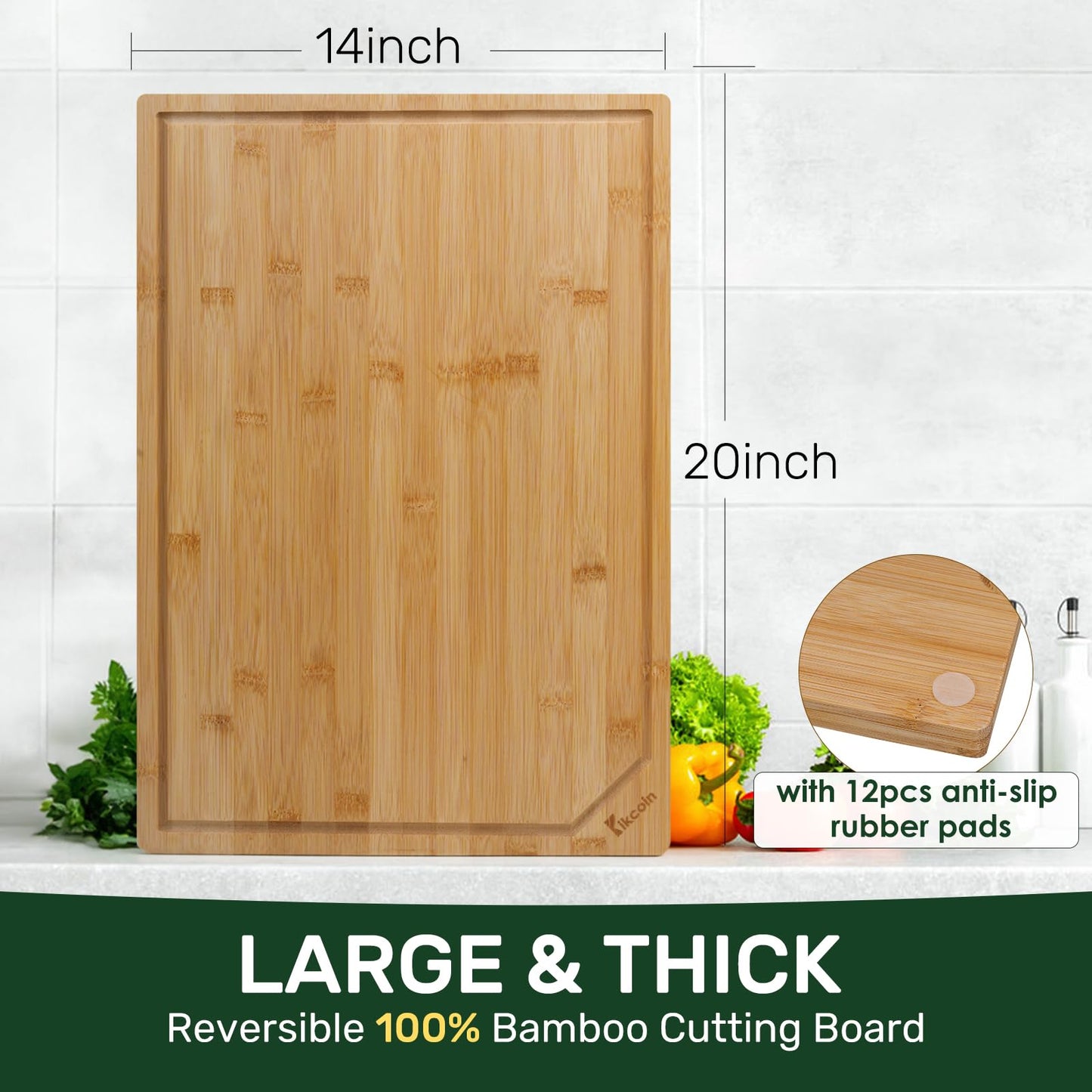 Bamboo Cutting Boards for Kitchen, Extra Large Wood Cutting Board with Deep Juice Groove and Handle Heavy Duty Chopping board, Kikcoin, 17.6" x 12"