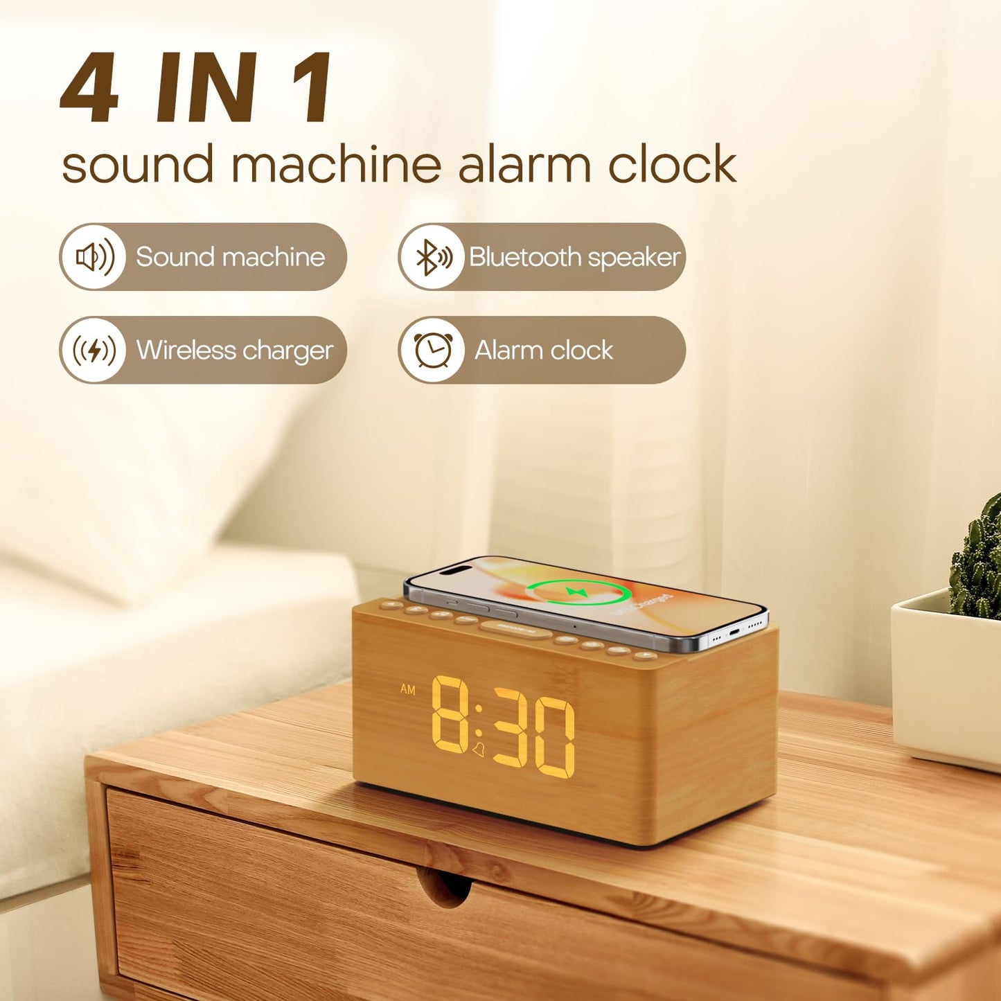 ANJANK Wooden White Noise Sound Machine with Alarm Clock, Bluetooth Speaker, Wireless Charger Station for iPhone/Samsung