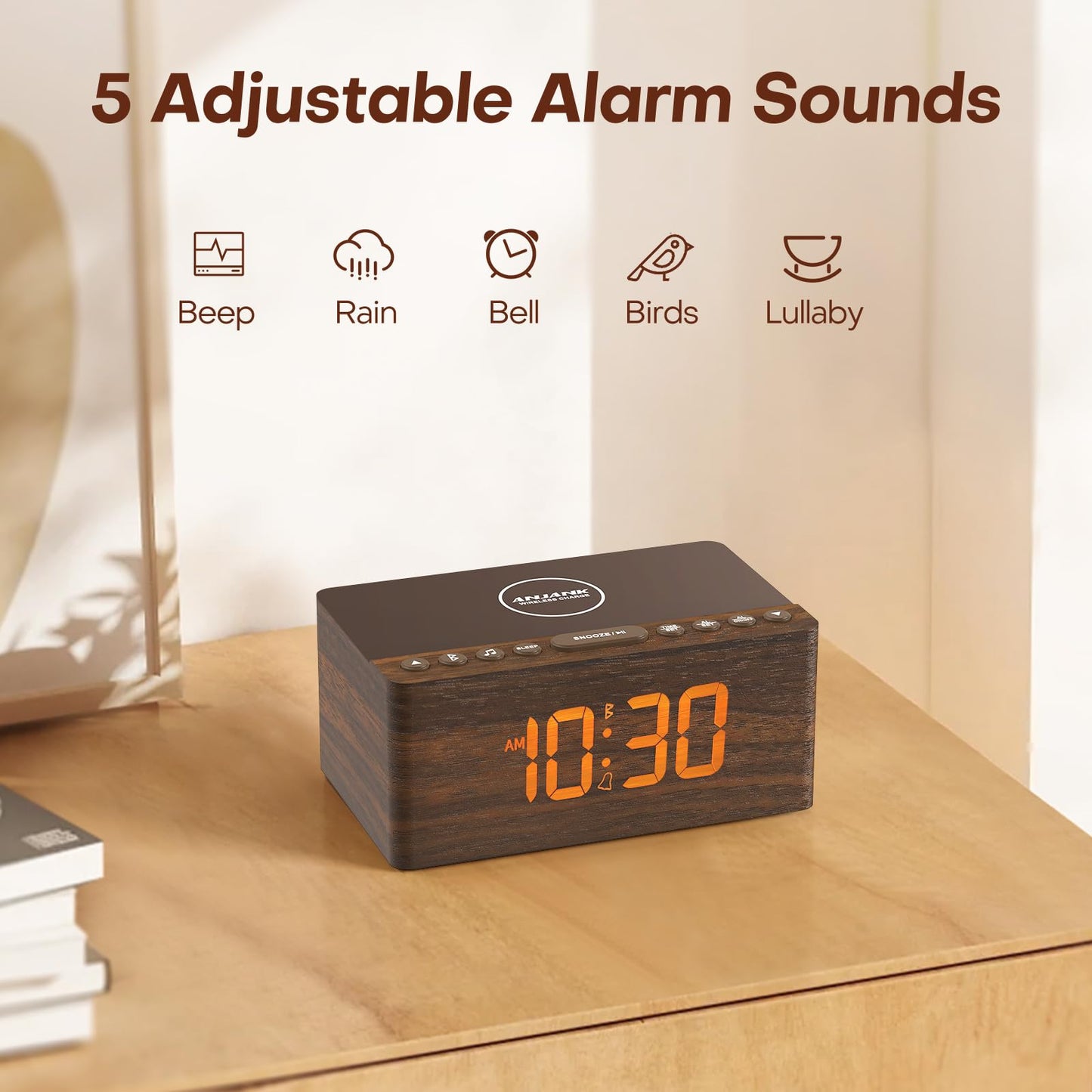 ANJANK Wooden White Noise Sound Machine with Alarm Clock, Bluetooth Speaker, Wireless Charger Station for iPhone/Samsung