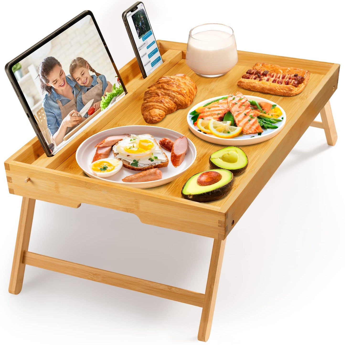 Bamboo Bed Tray Table with Foldable Legs, Breakfast Tray for Sofa, Bed, Eating, Working, Used As Laptop Desk Snack Tray by Pipishell