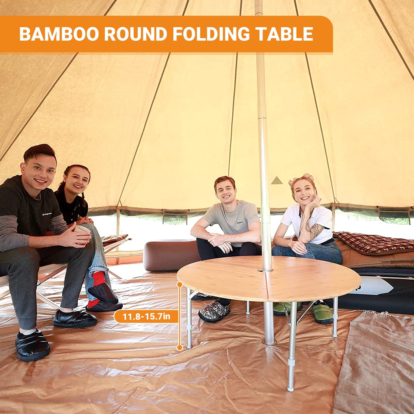 KingCamp Bamboo Round Folding Table Camping Table for Teepee Bell Tent 3 Fold Portable Camp Table