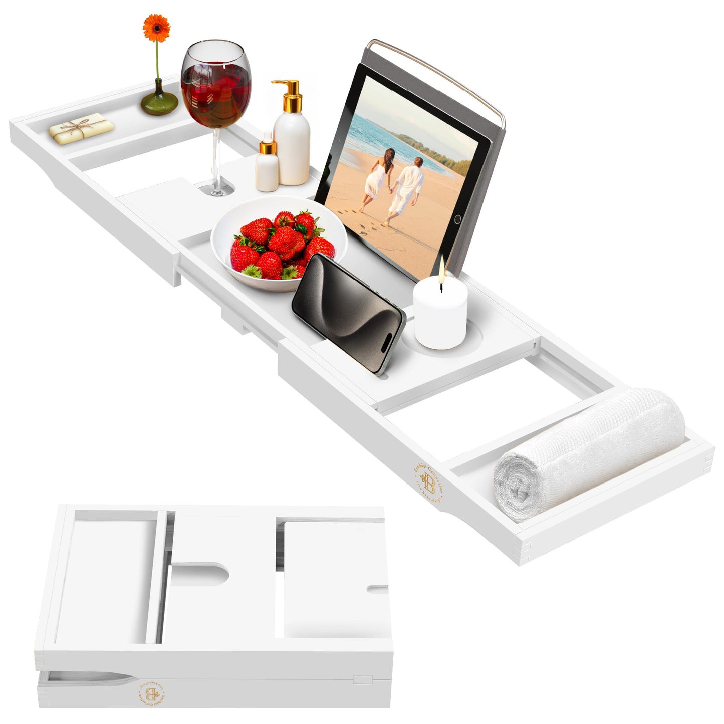 Bamboo Bathtub Tray for Tub - Expandable Bath Tray with Wine, Book & Tablet Holder