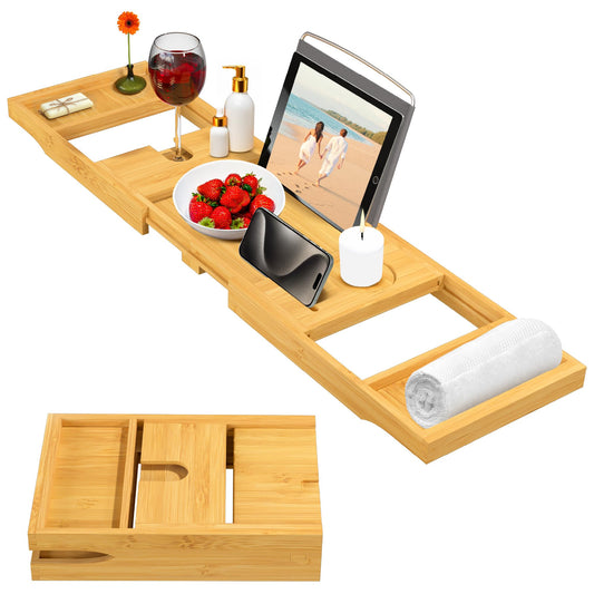 Bamboo Bathtub Tray for Tub - Expandable Bath Tray with Wine, Book & Tablet Holder