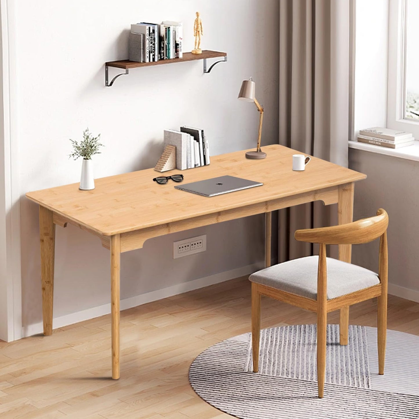 DOUSY- Small Bamboo Computer Desk Study Desk Home Office Desk Writing Table, Modern Study 27.5" Solid Multipurpose Table, for Living Room, Bedroom, Make Up, Natual Color