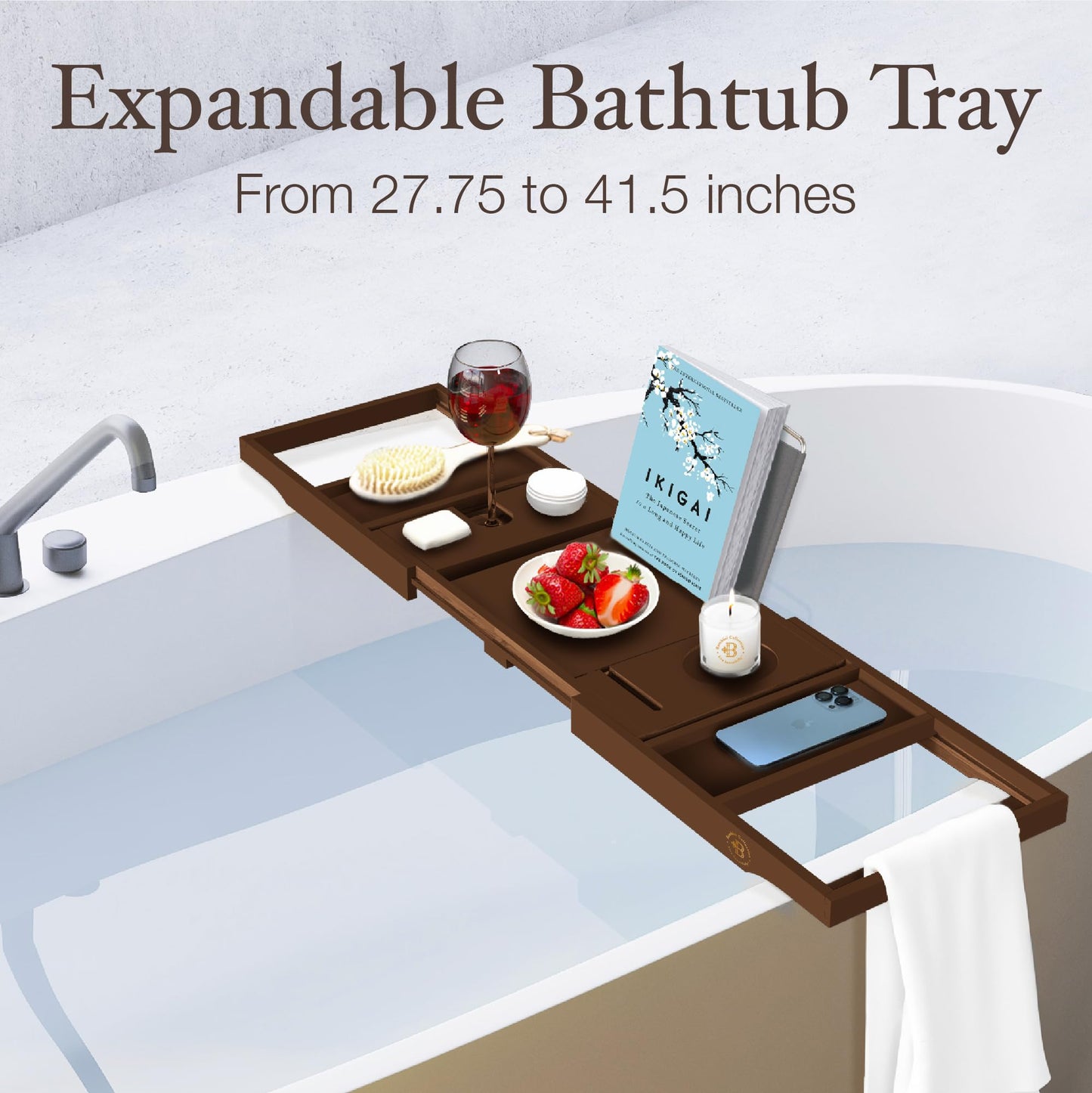 Bamboo Bathtub Tray for Tub - Expandable Bath Tray with Wine, Book & Tablet Holder