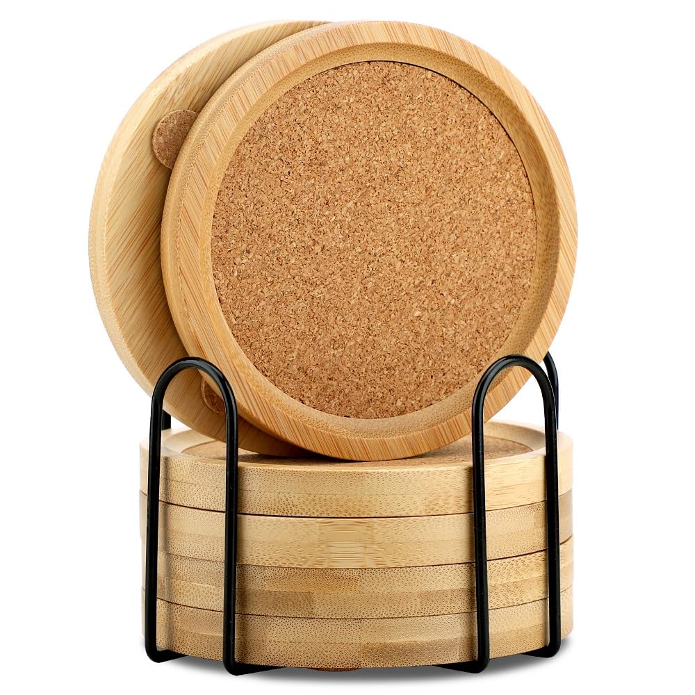 Bamboo Cork Coasters for Drinks Absorbent with Holder Set of 6