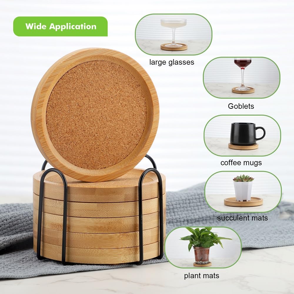 Bamboo Cork Coasters for Drinks Absorbent with Holder Set of 6