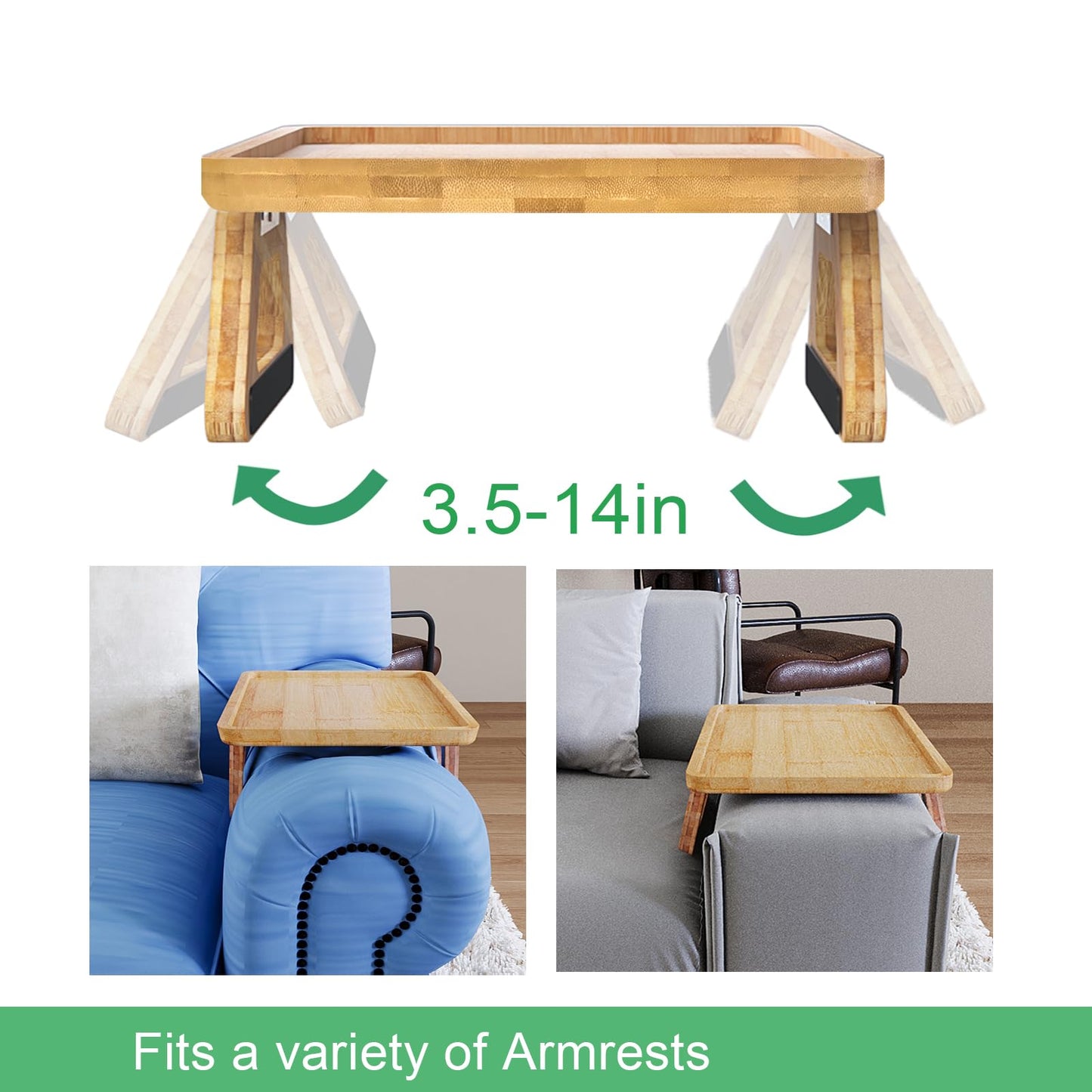 Couch Arm Tray,Bamboo Couch Tray,Folding Sofa Tray,Anti-Slip Sofa Armrest Tray,Couch Arm Table-Clip-On Couch Desk for Drinks, Snacks,Phone,Remote Control（Natural）