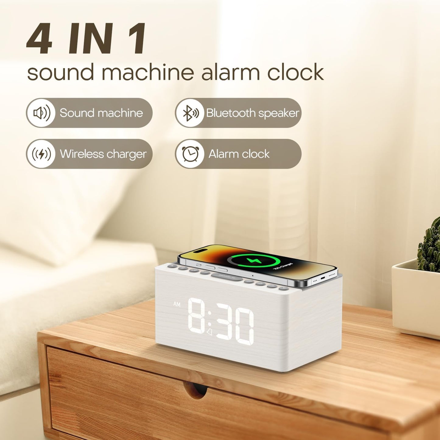 ANJANK Wooden White Noise Sound Machine with Alarm Clock, Bluetooth Speaker, Wireless Charger Station for iPhone/Samsung