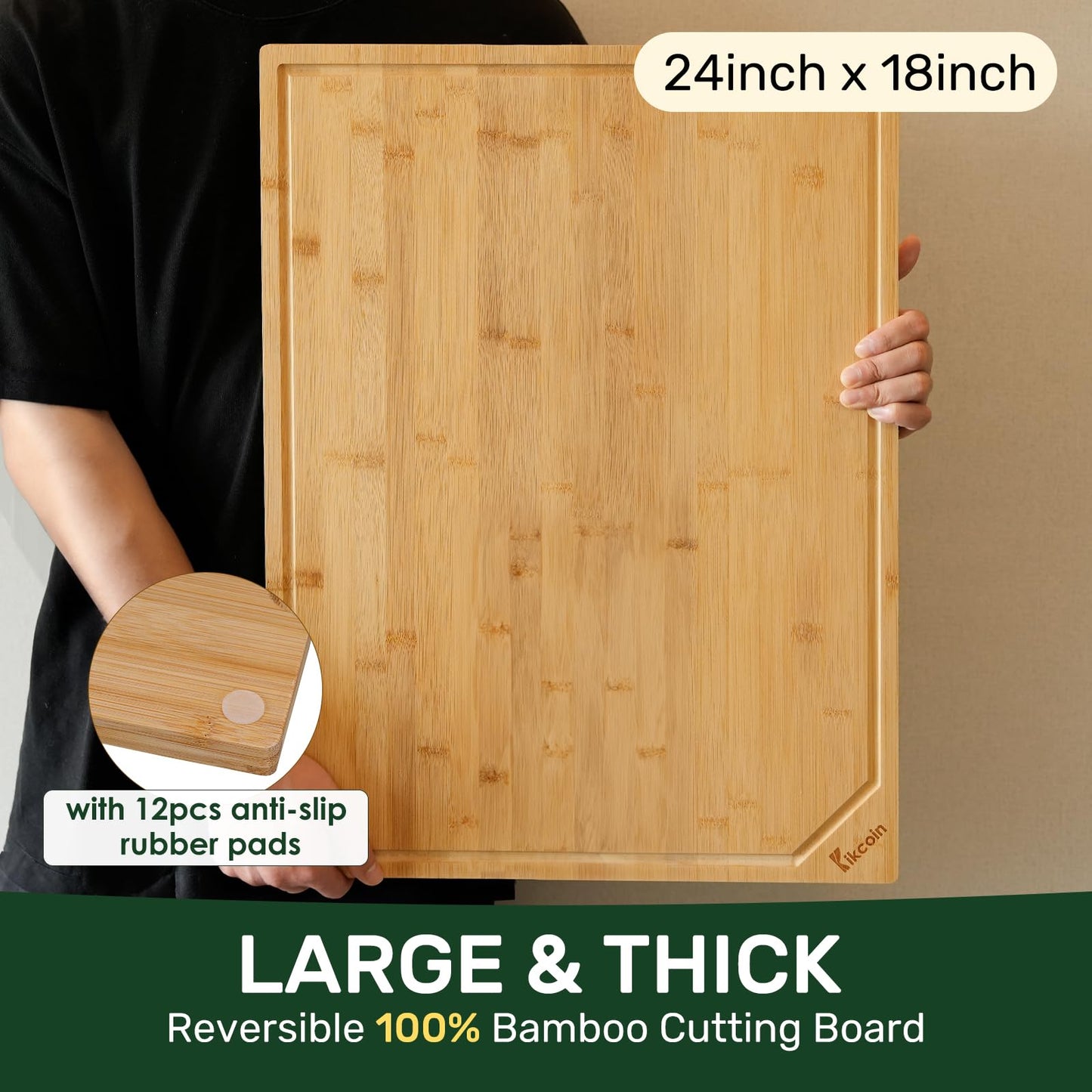 Bamboo Cutting Boards for Kitchen, Extra Large Wood Cutting Board with Deep Juice Groove and Handle Heavy Duty Chopping board, Kikcoin, 17.6" x 12"