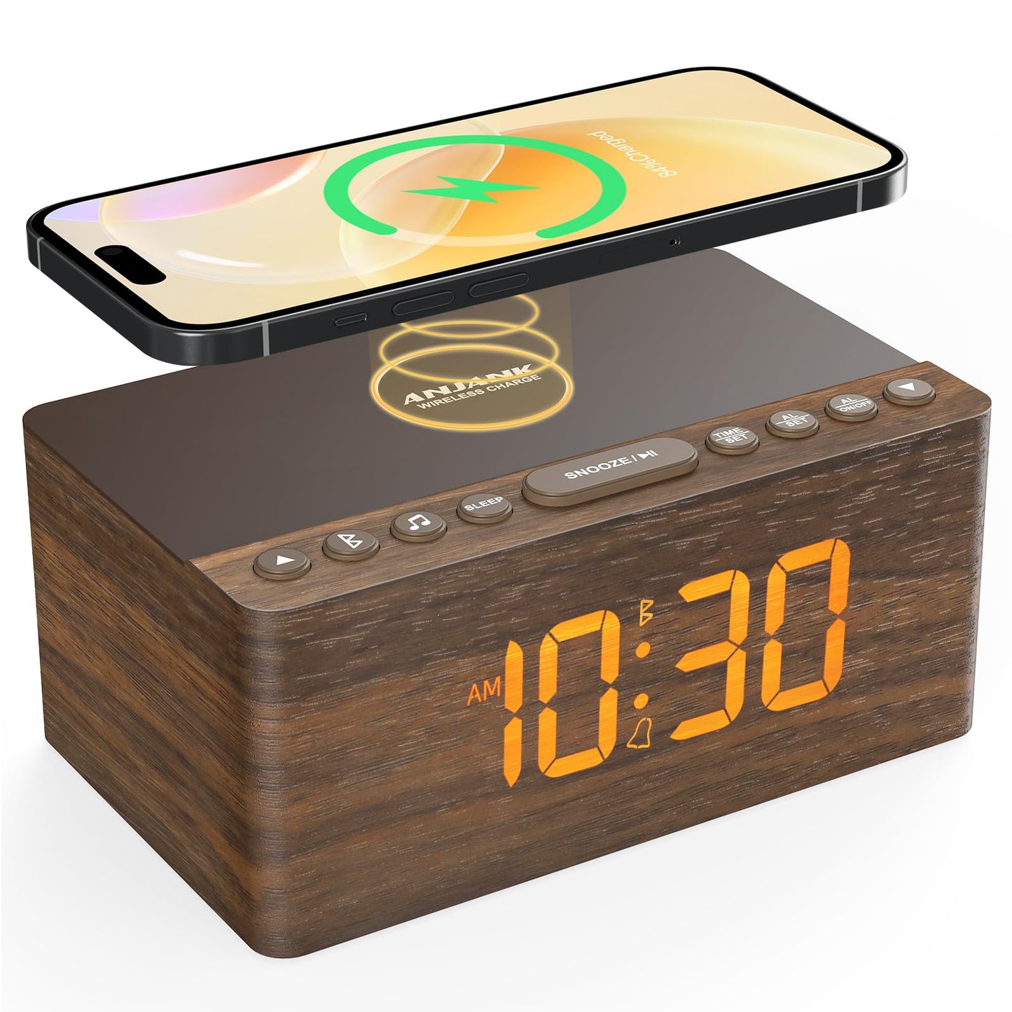 ANJANK Wooden White Noise Sound Machine with Alarm Clock, Bluetooth Speaker, Wireless Charger Station for iPhone/Samsung