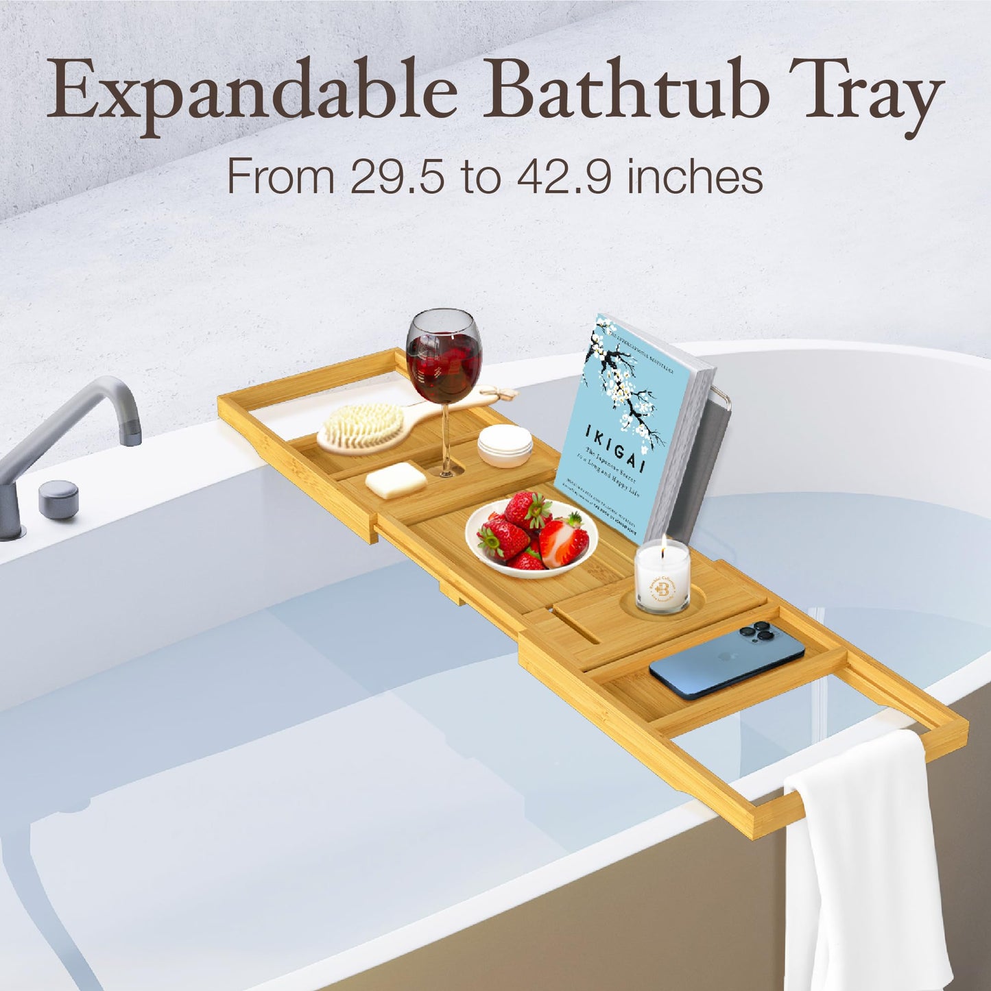 Bamboo Bathtub Tray for Tub - Expandable Bath Tray with Wine, Book & Tablet Holder