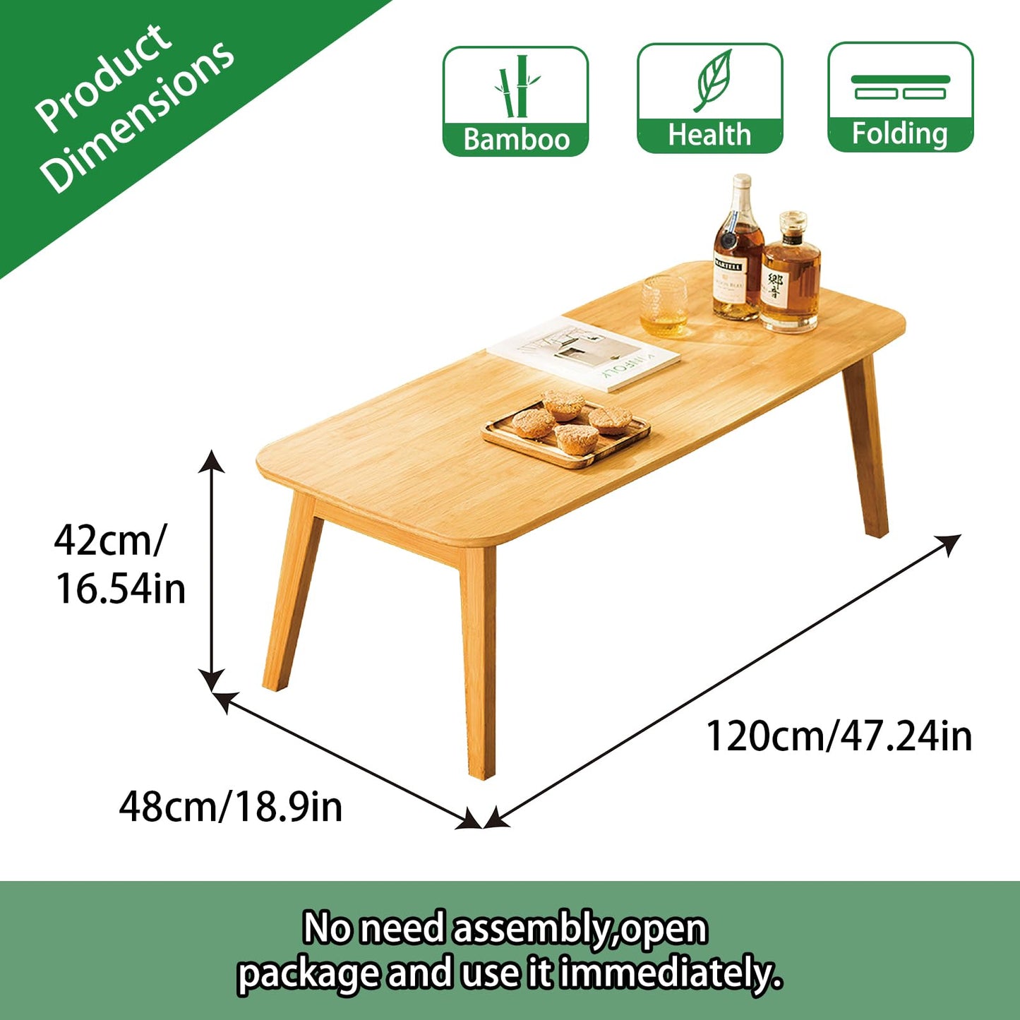 Coffee Table Foldable Bamboo Mid Century Desk TV Stand with Open Storage Shelf Center Table for Living Room Furniture RV No Assembly