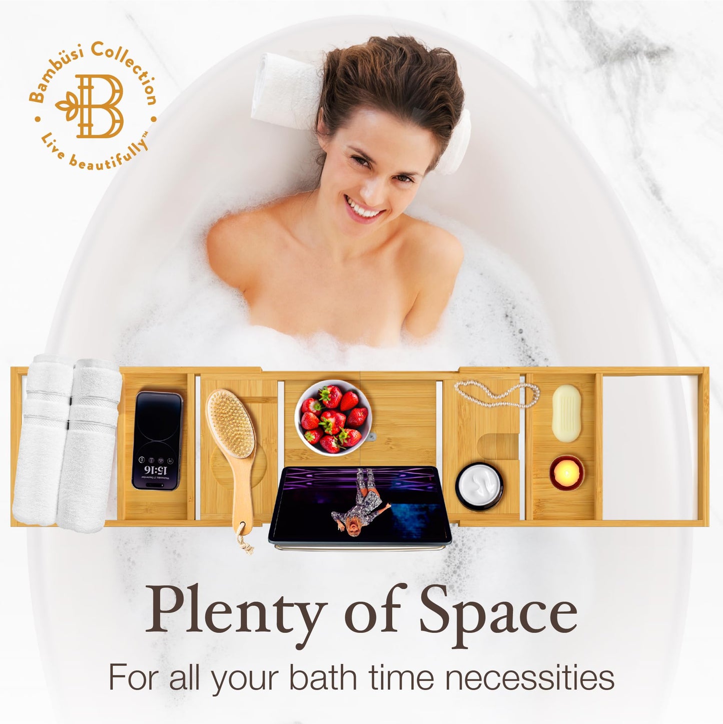 Bamboo Bathtub Tray for Tub - Expandable Bath Tray with Wine, Book & Tablet Holder