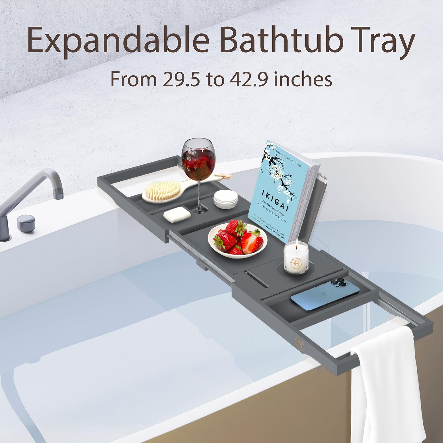 Bamboo Bathtub Tray for Tub - Expandable Bath Tray with Wine, Book & Tablet Holder