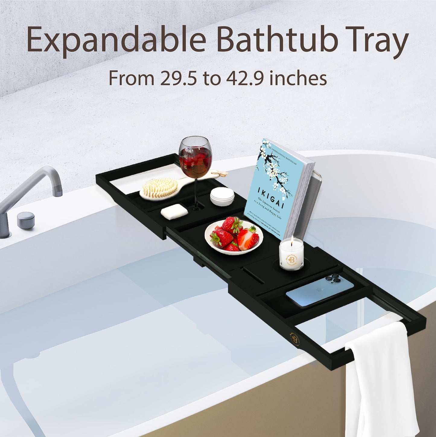 Bamboo Bathtub Tray for Tub - Expandable Bath Tray with Wine, Book & Tablet Holder