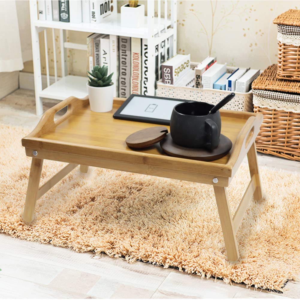 KKTONER Bamboo Bed Tray Table with Folding Legs Foldable Serving Portable Laptop Tray Snack Tray Breakfast Tray Bed Table Drawing Table (40)