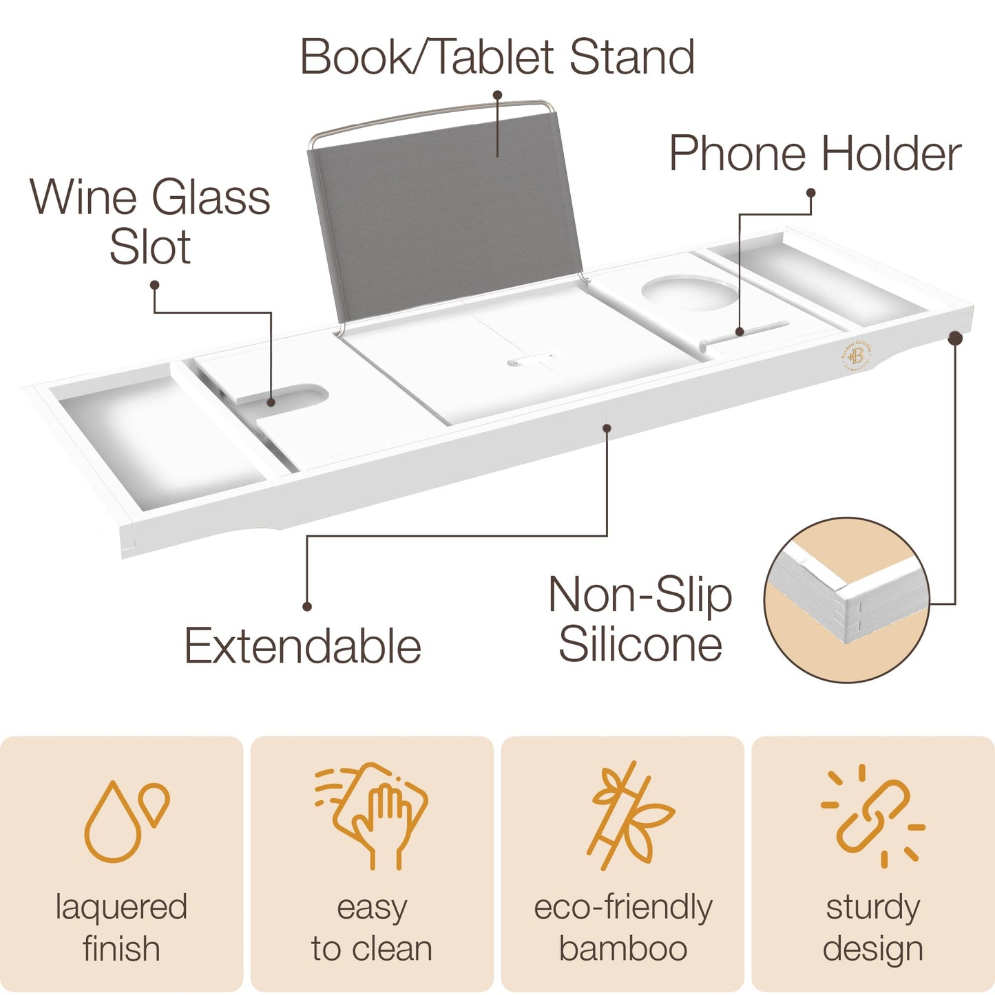 Bamboo Bathtub Tray for Tub - Expandable Bath Tray with Wine, Book & Tablet Holder