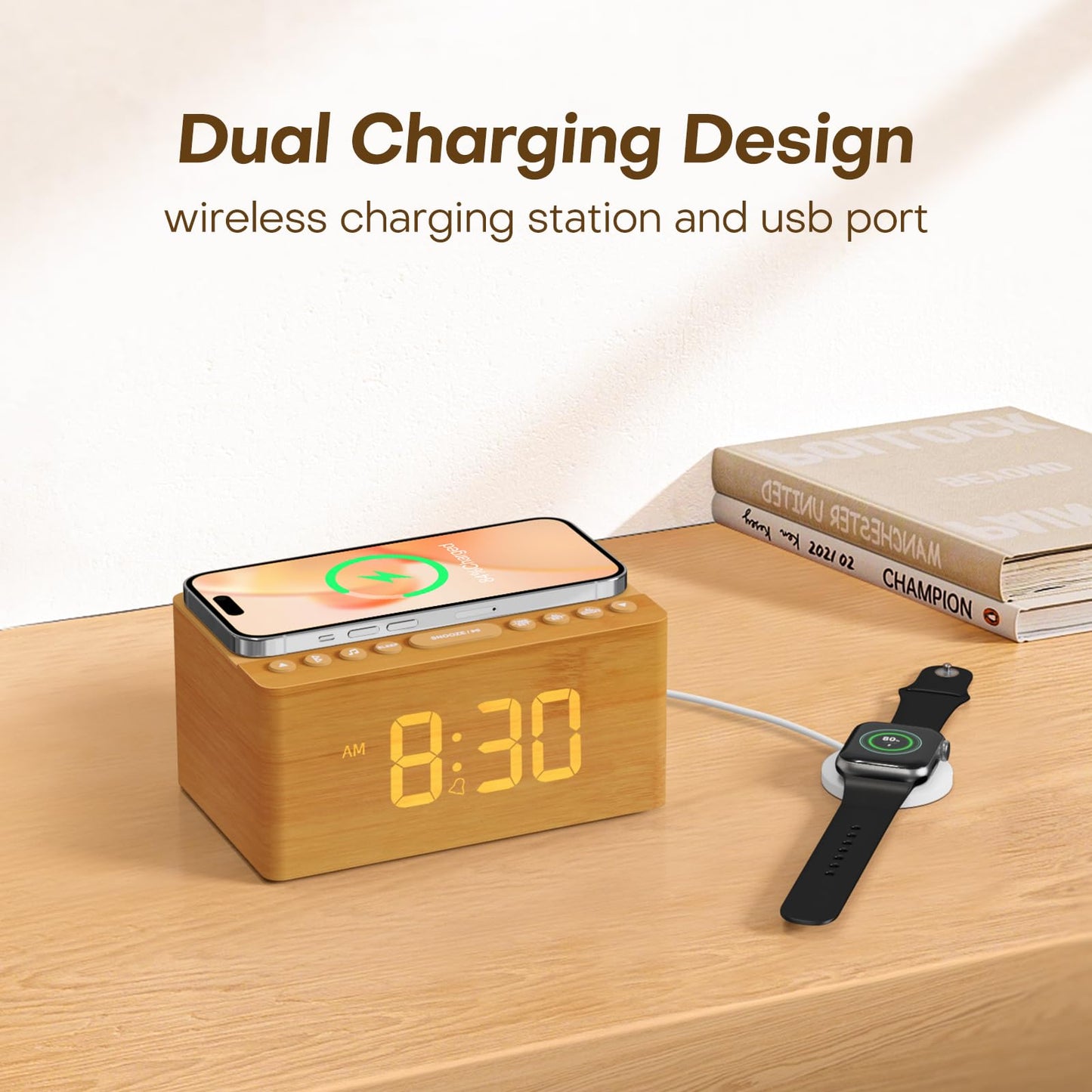 ANJANK Wooden White Noise Sound Machine with Alarm Clock, Bluetooth Speaker, Wireless Charger Station for iPhone/Samsung