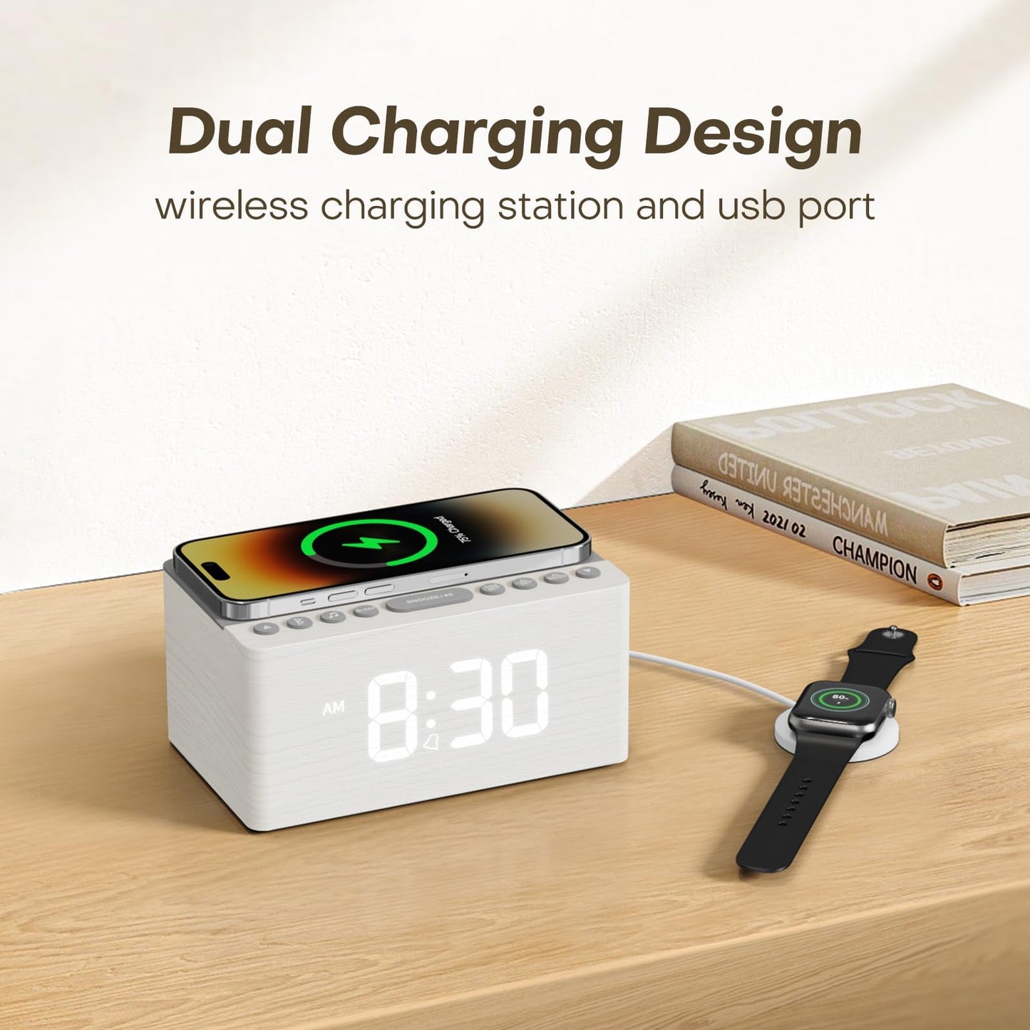 ANJANK Wooden White Noise Sound Machine with Alarm Clock, Bluetooth Speaker, Wireless Charger Station for iPhone/Samsung