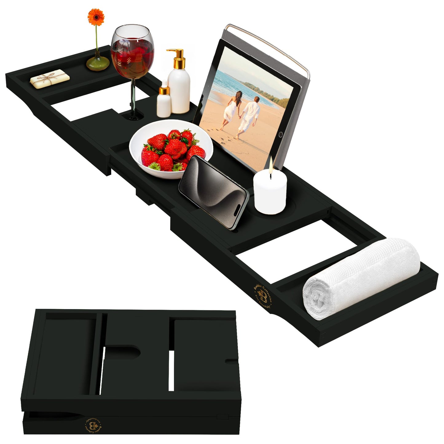 Bamboo Bathtub Tray for Tub - Expandable Bath Tray with Wine, Book & Tablet Holder