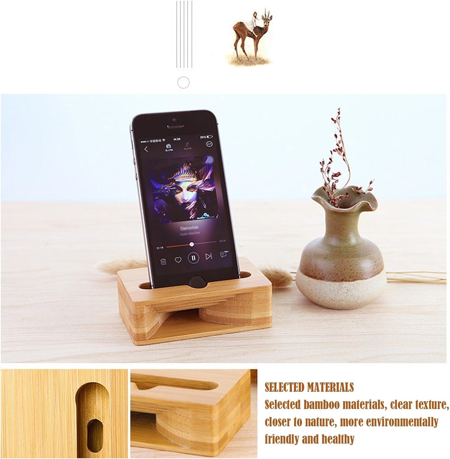 Wooden Phone Speaker Amplifier Stand, Universal Wooden Cell Phone Stand with Speaker, Natural Sound Amplifier Mini Megaphone Holder for iPhone and Smartphones, Office Desk Accessories (A-Set, 2pcs)