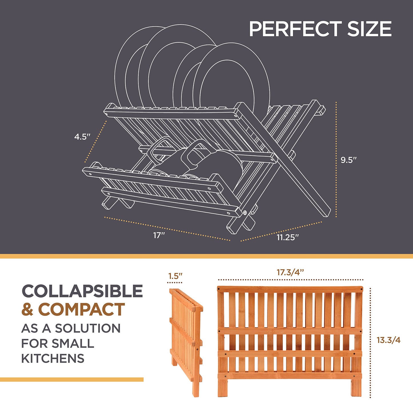 Bambüsi Bamboo Dish Drying Rack - Collapsible 2-Tier Dish Drainer Kitchen Plate Rack for Kitchen Countertop