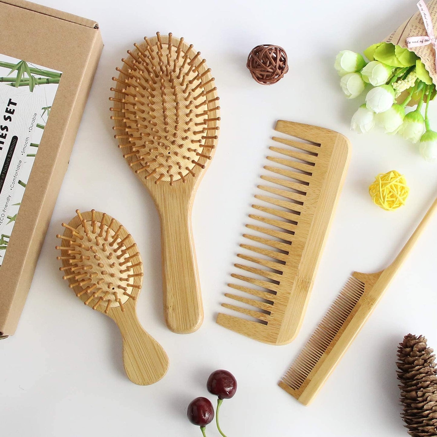 MRD Hair Brush Set, Natural Bamboo Comb Paddle Detangling Hairbrush, Wide-tooth and tail comb No Bristle