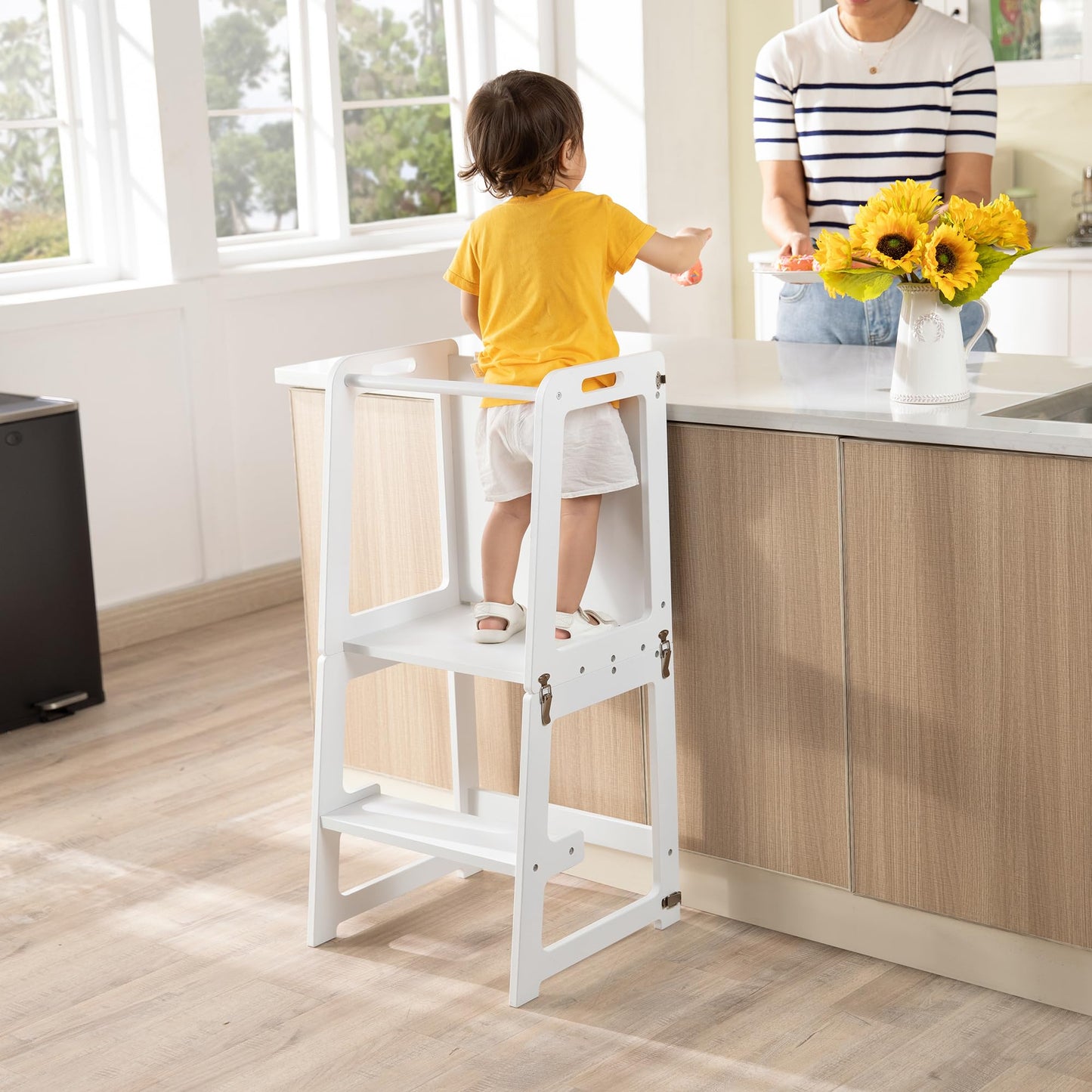 4-in-1 Standing Tower for Toddlers and Kids 1-6 Years, Bamboo Kitchen Learning Helper Stool with Chalkboard, Desk Table, and Chair (Natural)