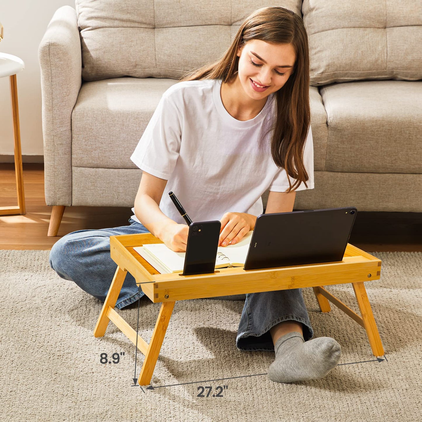 Bamboo Bed Tray Table with Foldable Legs, Breakfast Tray for Sofa, Bed, Eating, Working, Used As Laptop Desk Snack Tray by Pipishell