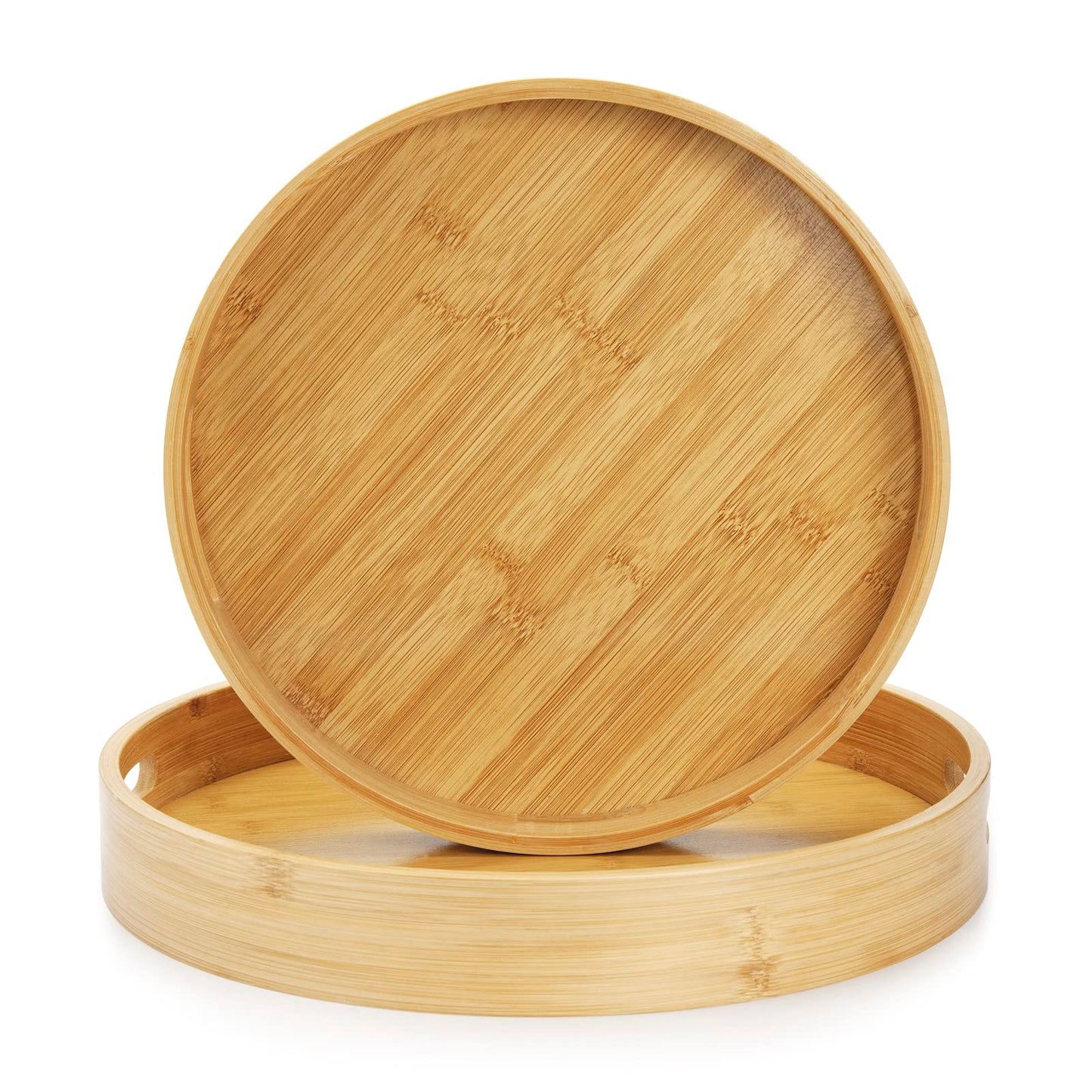 13.8 inch Bamboo Round Serving Tray, Wood Tray with Handles, Natural Wooden Tray for Ottoman, Kitchen/Coffee Table