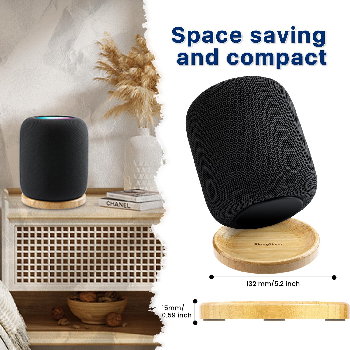 Bamboo Stand for Homepod/HomePod 2 with Non-Slip Feet and Scratch Resistant Elegant Space Saving Smart Speaker Bamboo Holder Enhance Home Audio Experience,of 1