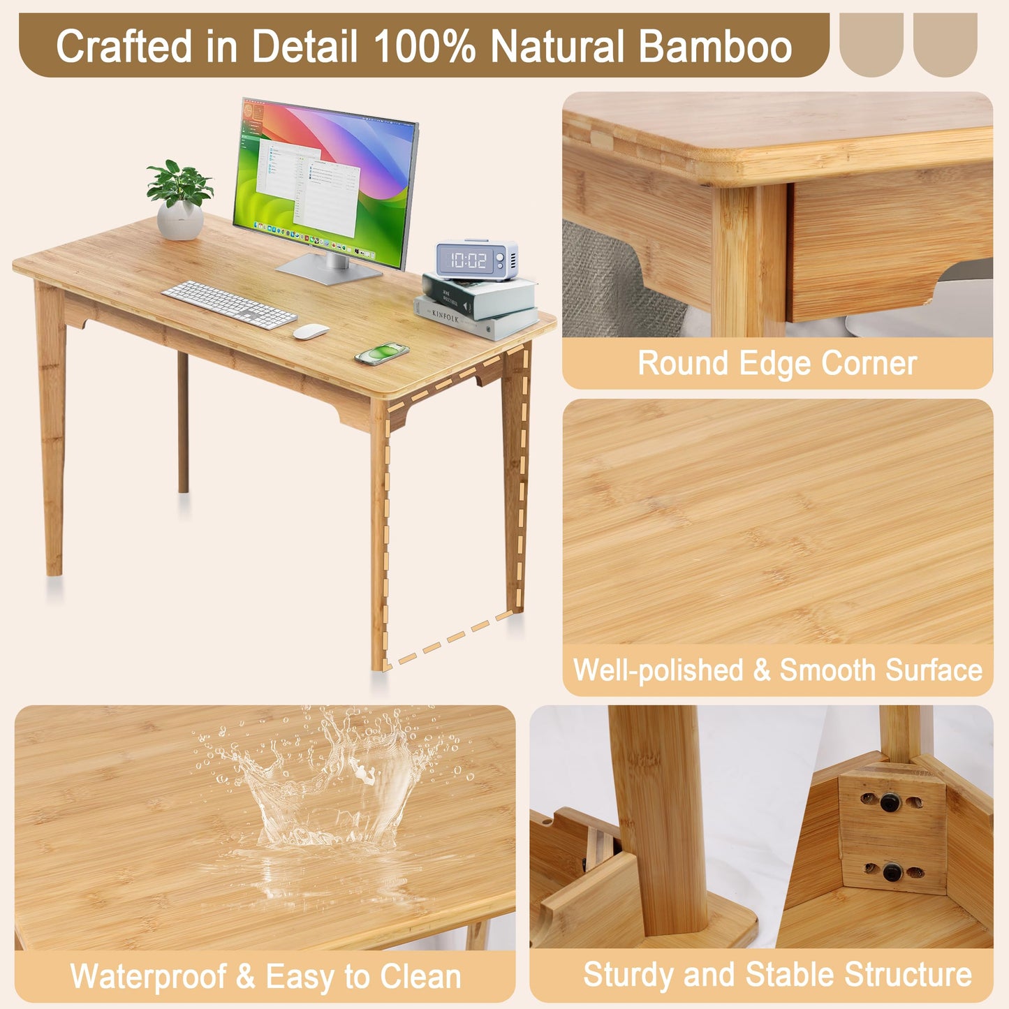 DOUSY- Small Bamboo Computer Desk Study Desk Home Office Desk Writing Table, Modern Study 27.5" Solid Multipurpose Table, for Living Room, Bedroom, Make Up, Natual Color