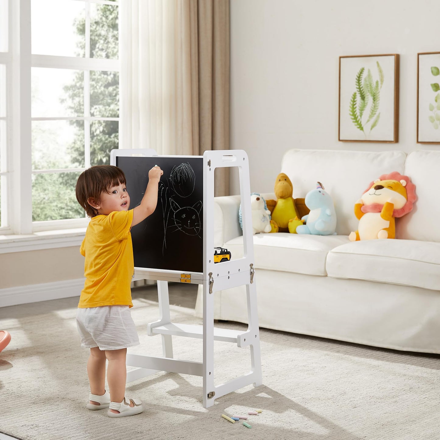 4-in-1 Standing Tower for Toddlers and Kids 1-6 Years, Bamboo Kitchen Learning Helper Stool with Chalkboard, Desk Table, and Chair (Natural)